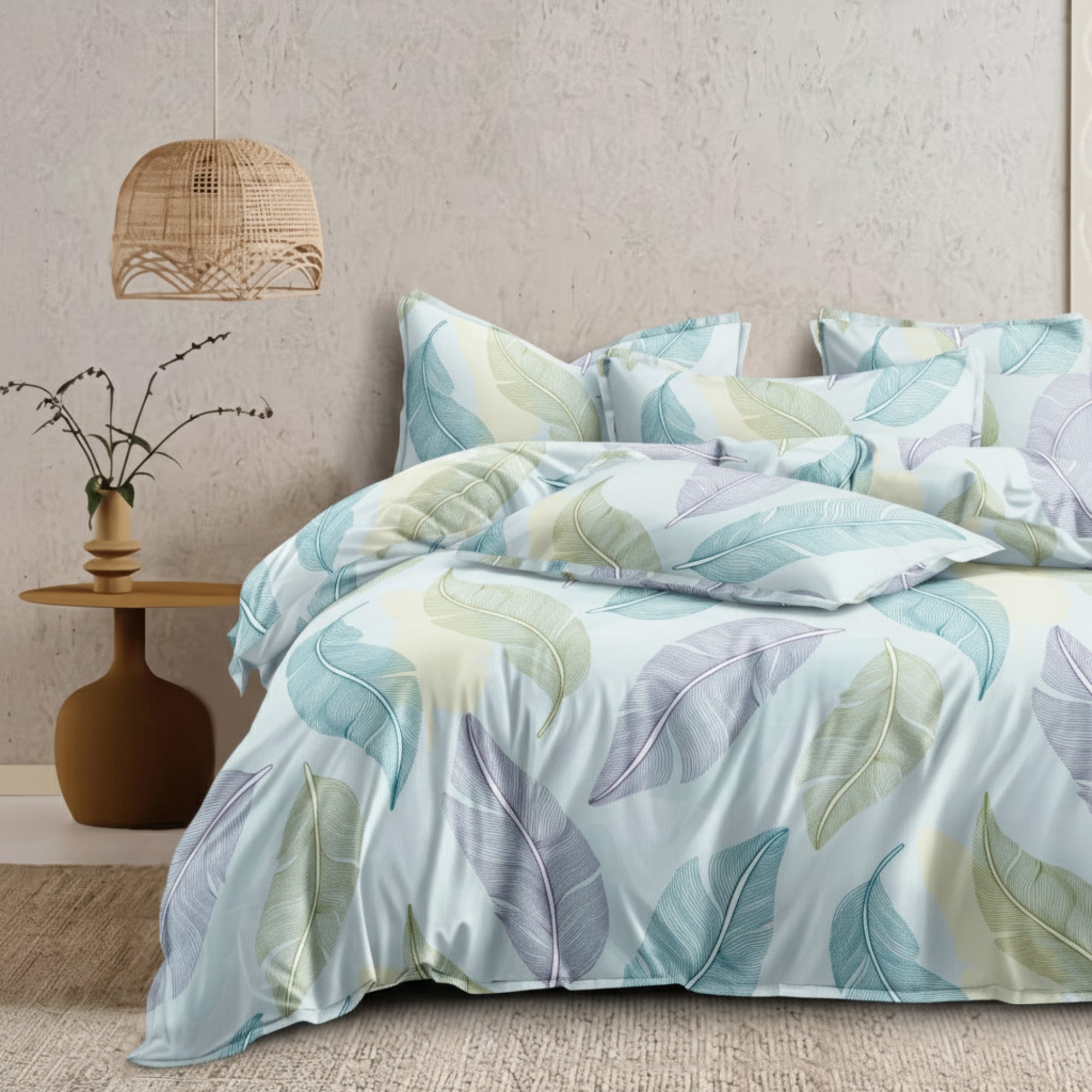 Bedsheet for Double Bed King Size Blue, Green & Purple Leaf Print.