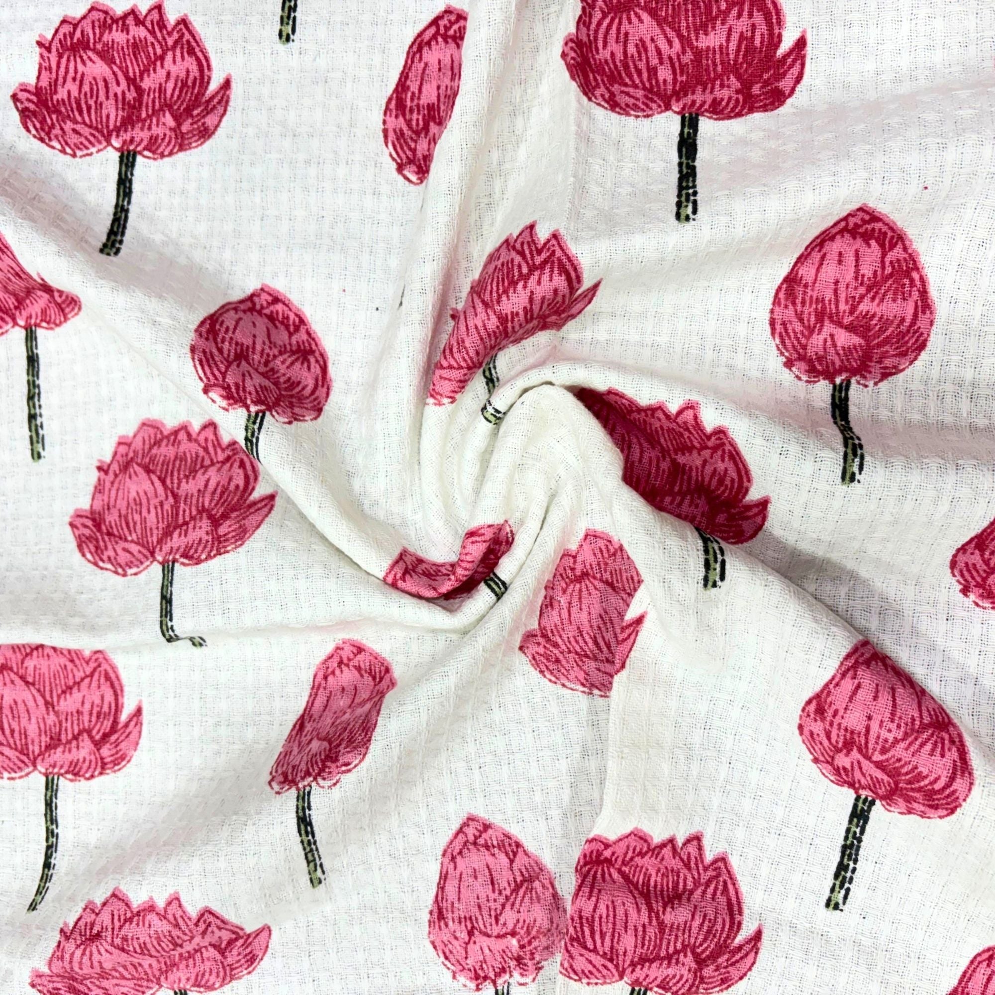 Waffle Weave Towel Set | Screen Print Red Floral Bud Motif | Super Absorbent Bath Towel 2 Hand Towels