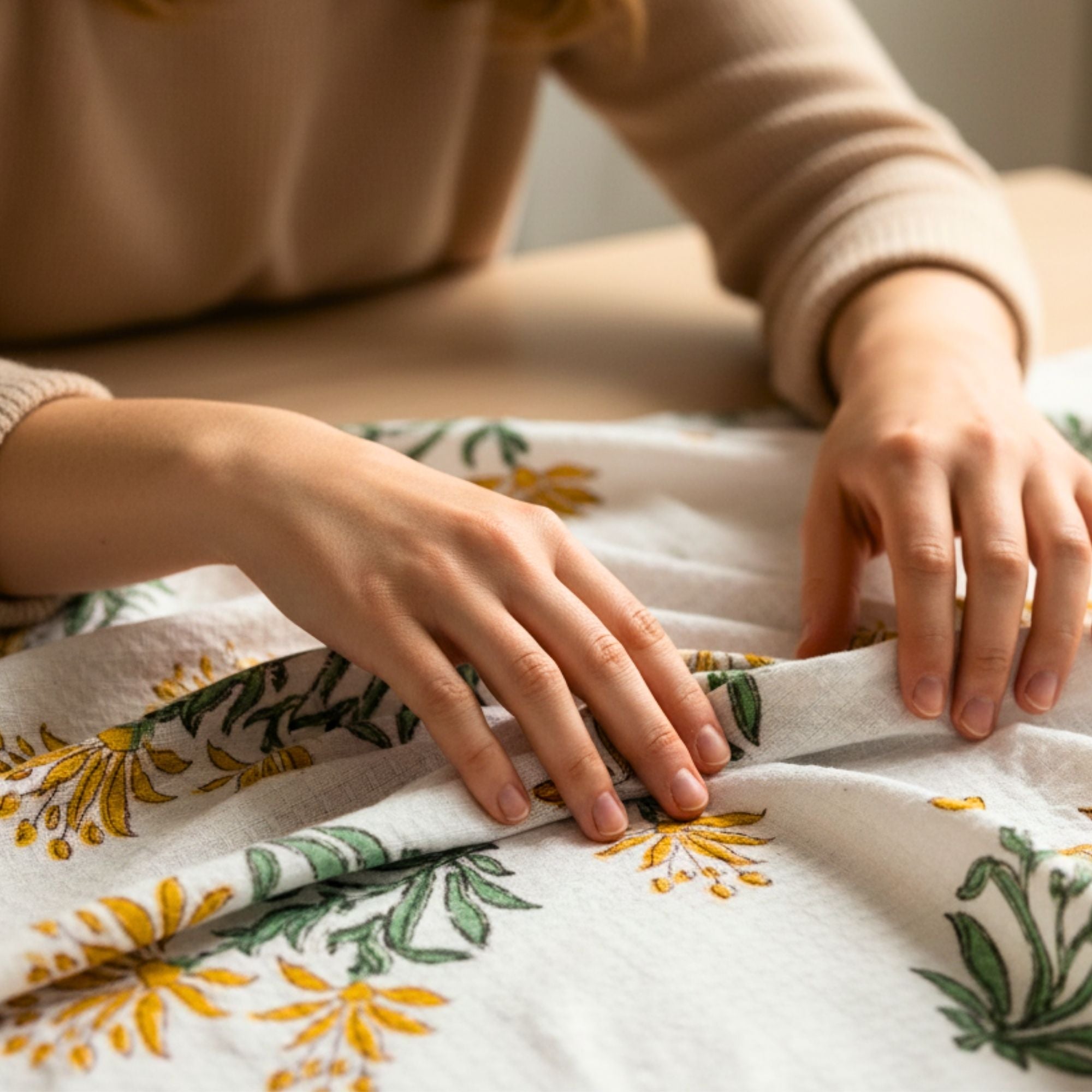 Waffle Weave Cotton Bath Towel Hand Block Printed Yellow Marigold & Green Floral | Super Absorbent, Soft & Quick Dry Bath