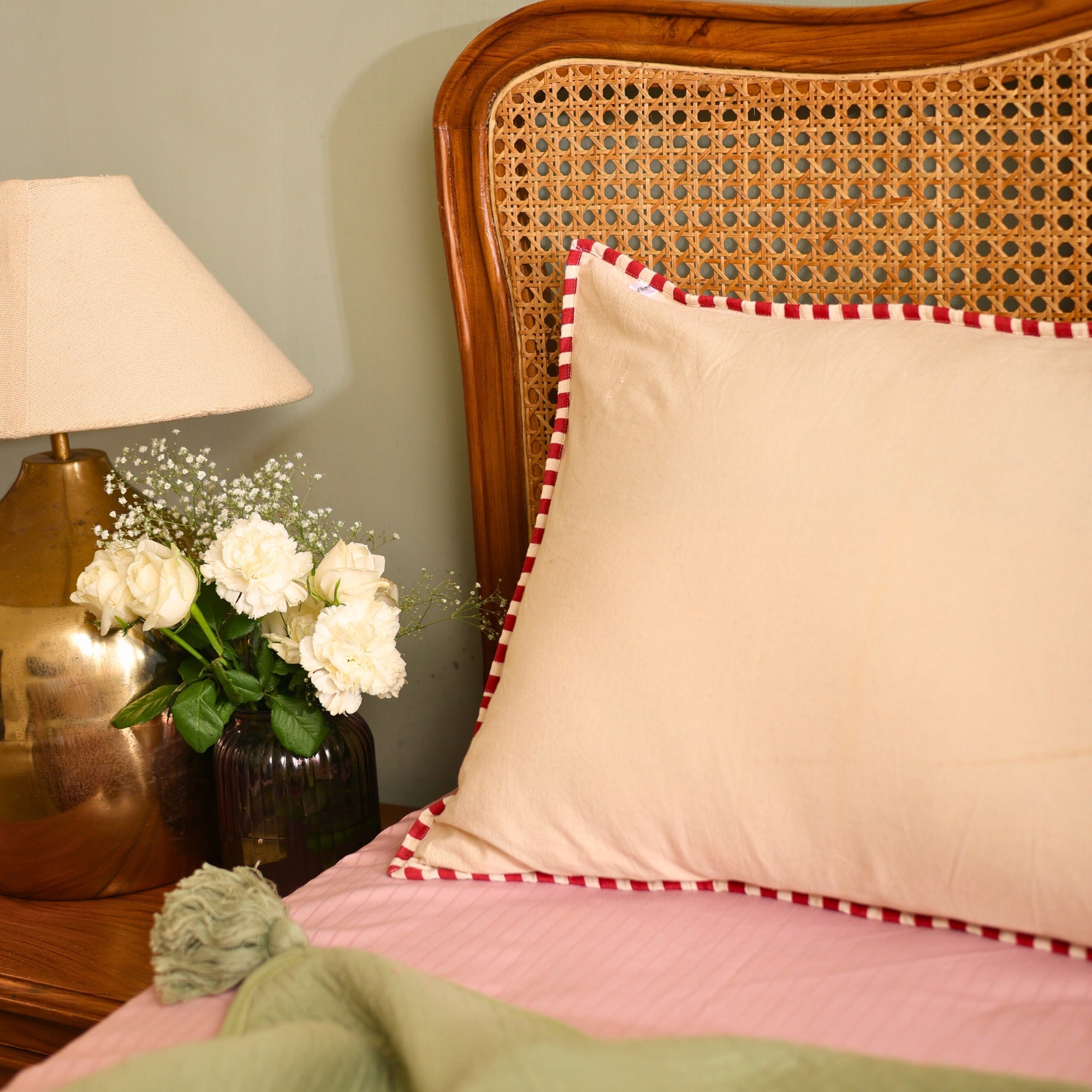 Handcrafted Beige Cotton Pillow Cover with Red Striped Detailing