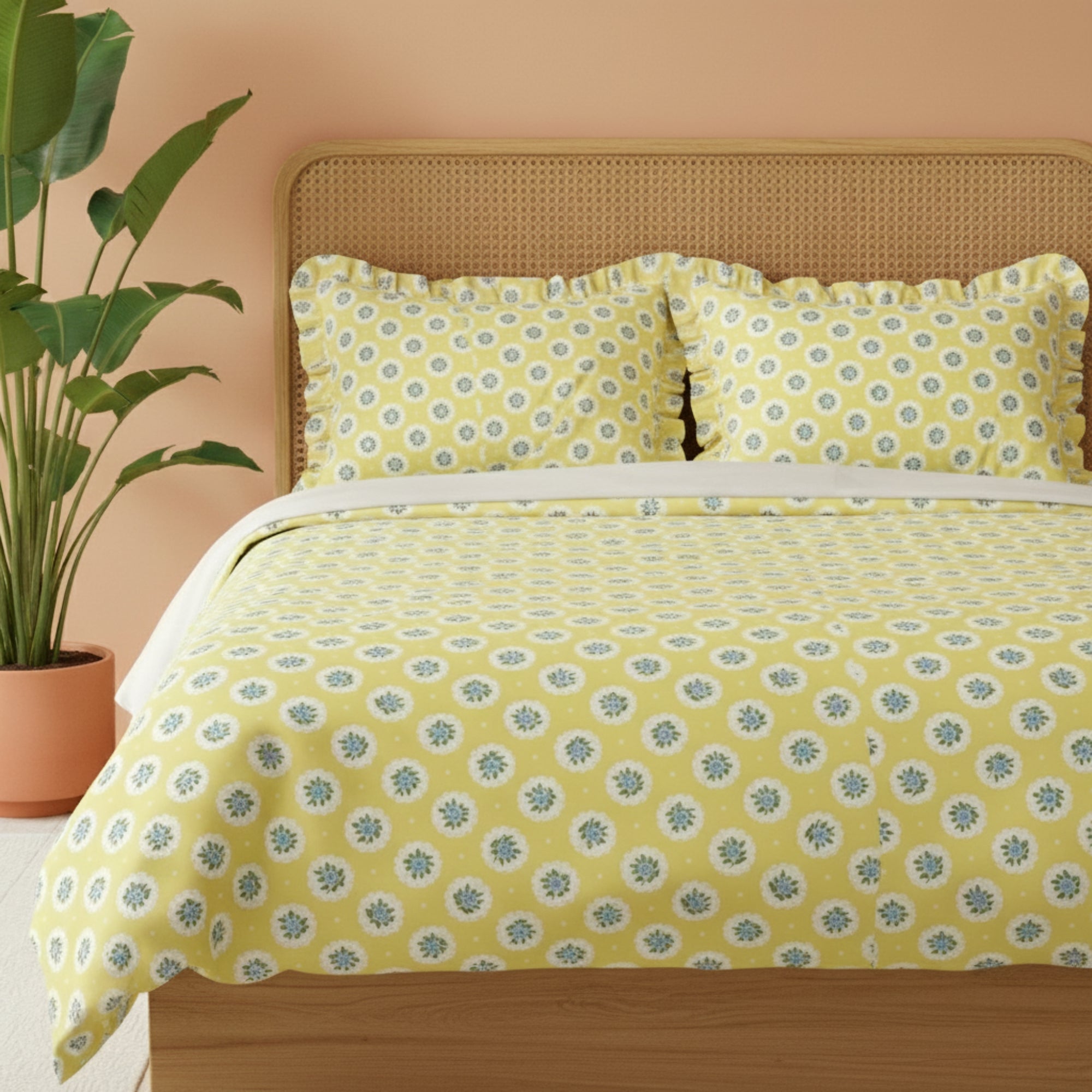 Vibrant Sunshine Yellow Floral Medallion Pattern – Soft, Breathable Screen Printed Flat Sheet