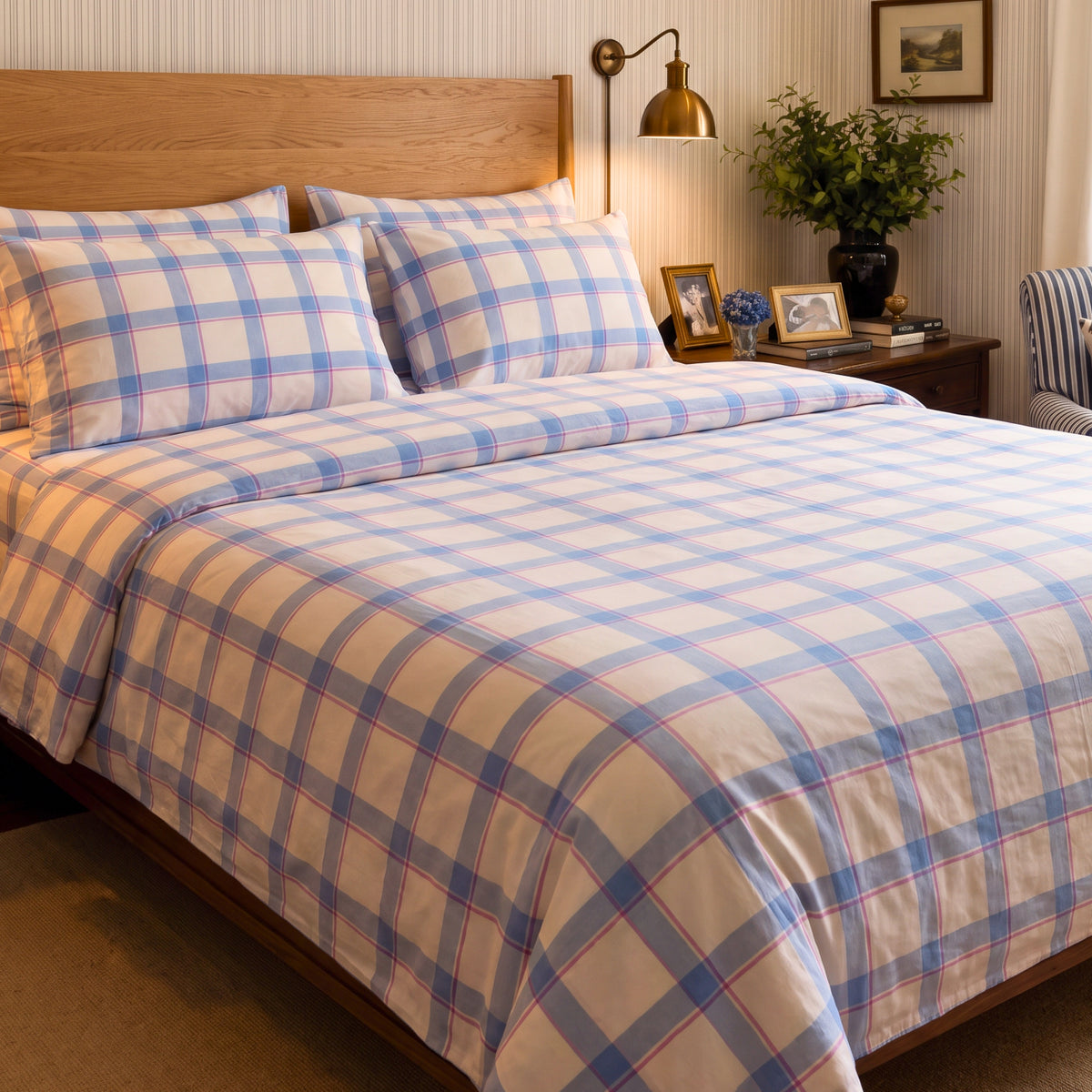 Vintage Blue Stripes 280 TC Cotton Bedsheet With Duvet Cover and 4 Pillow Covers
