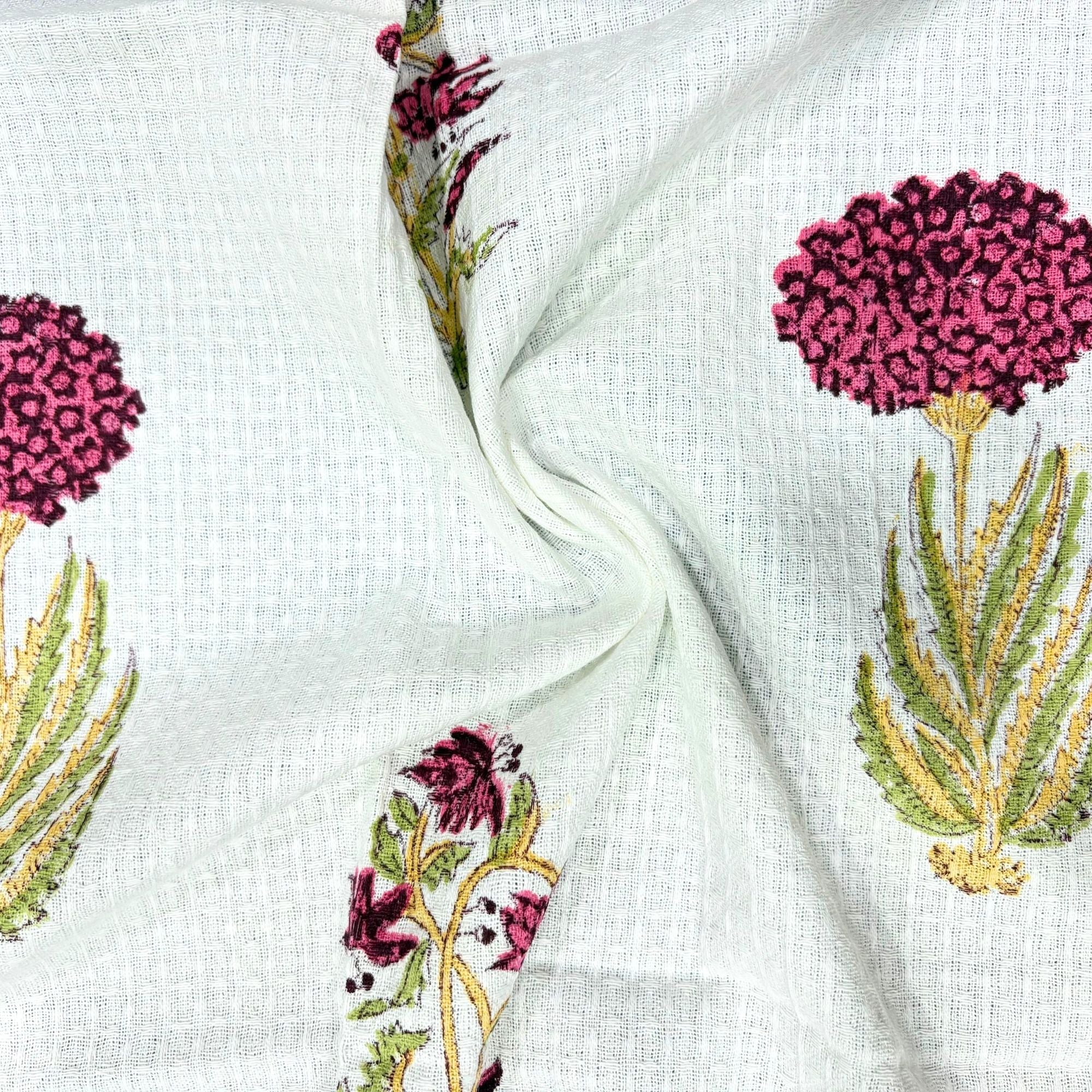 Waffle Weave Cotton Bath Towel | Hand Block Printed Pink & Gold Chevron Motif | Super Absorbent, Soft & Quick Dry Towel