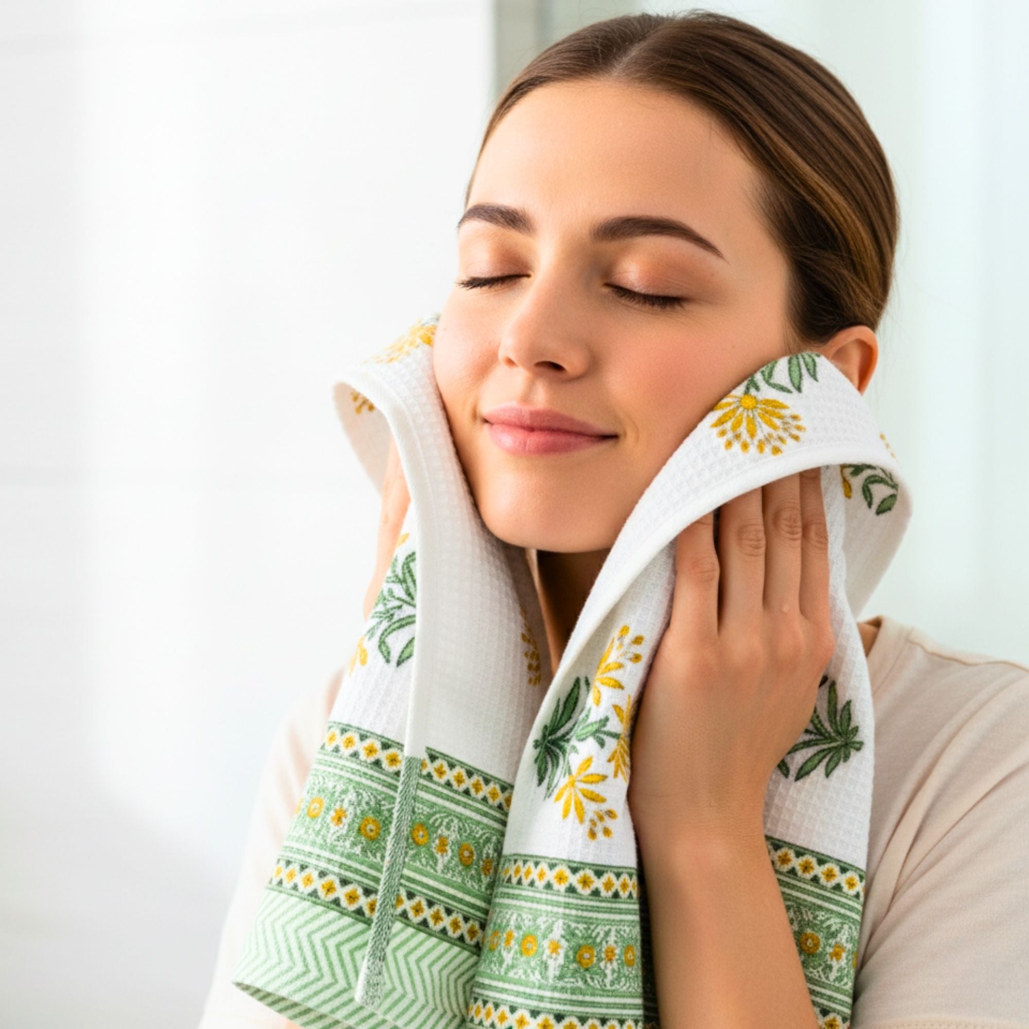 Waffle Weave Cotton Bath Towel Hand Block Printed Yellow Marigold & Green Floral | Super Absorbent, Soft & Quick Dry Bath