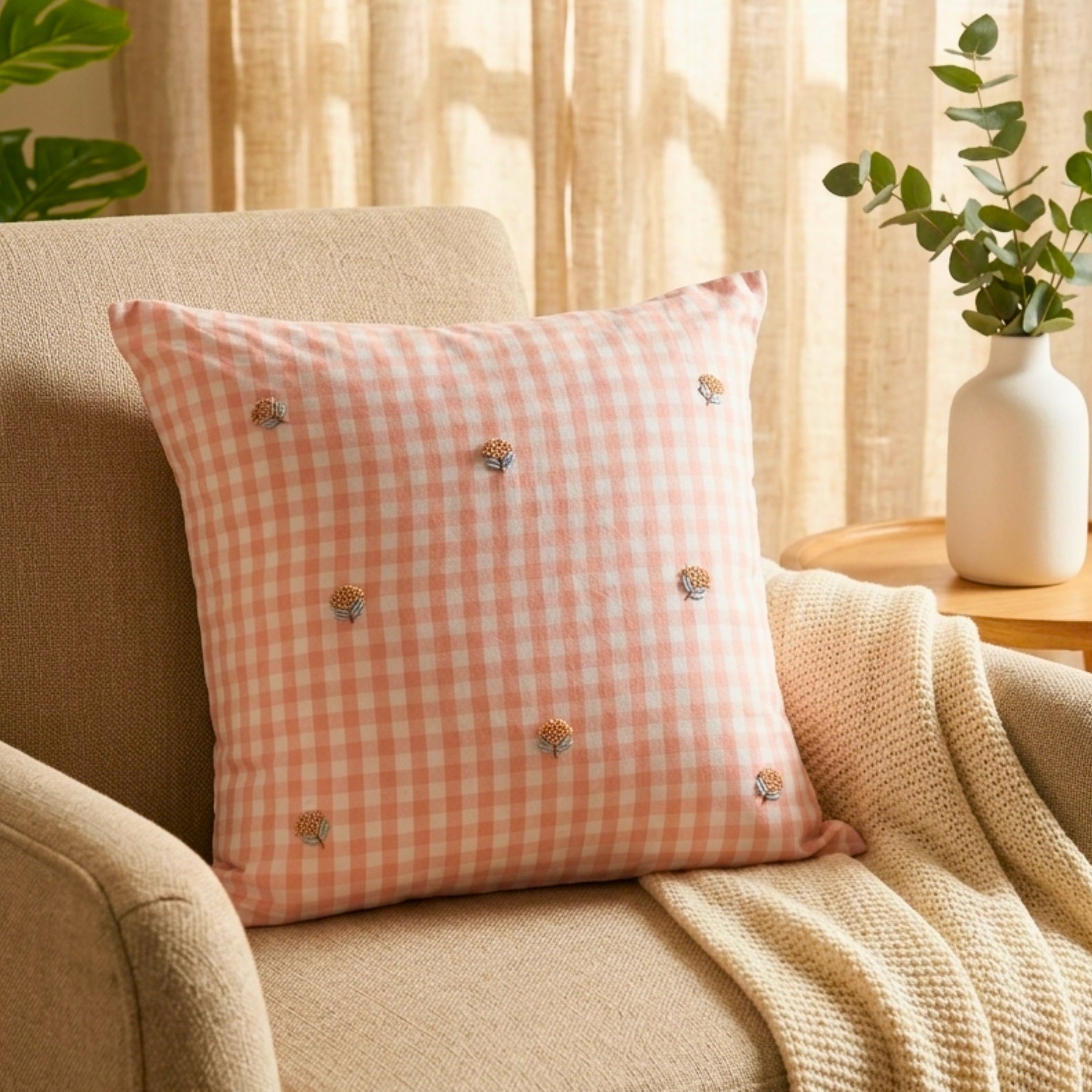 Blush Gingham Floral Embroidered Cushion