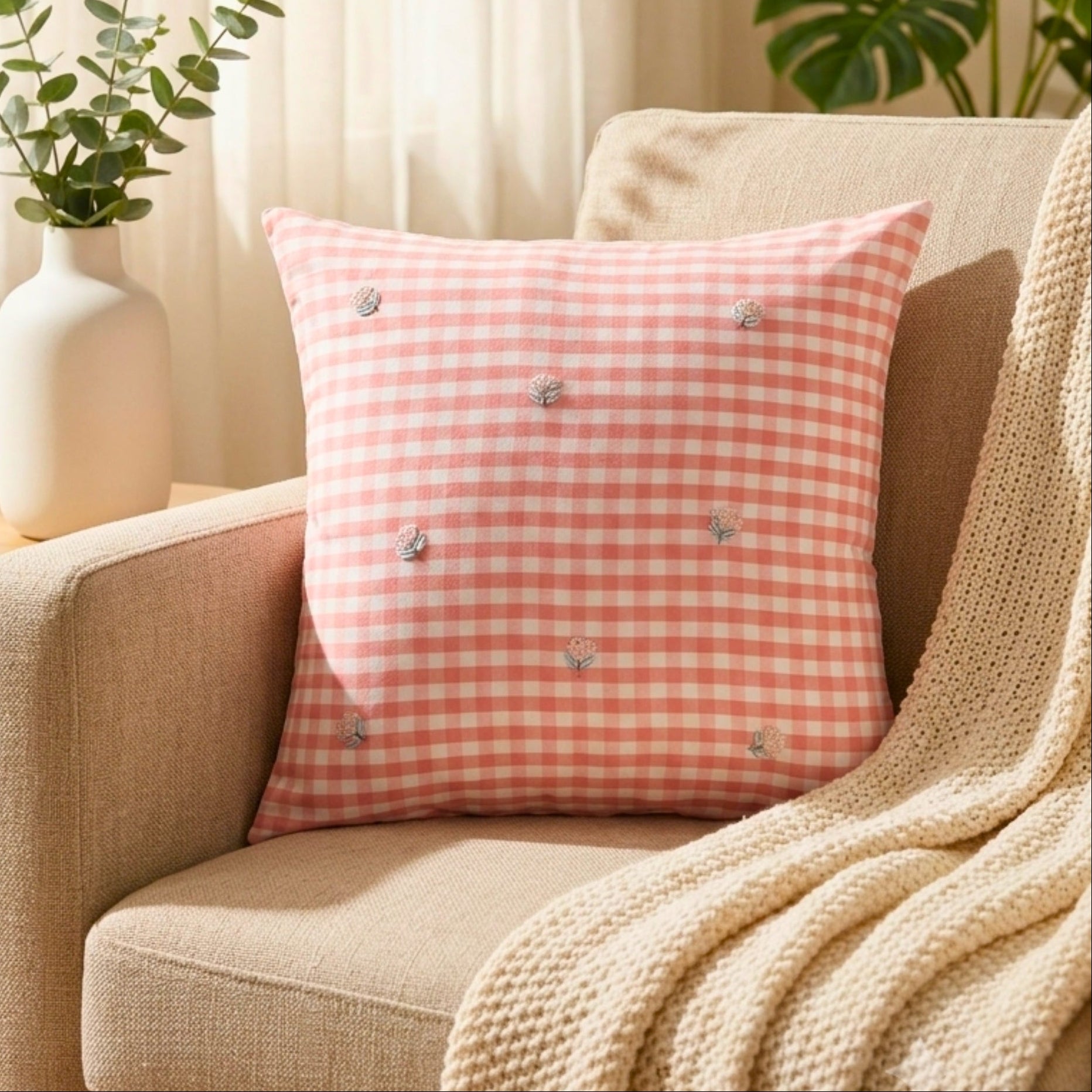 Soft Pastel Blush Ghingham Cushion Cover