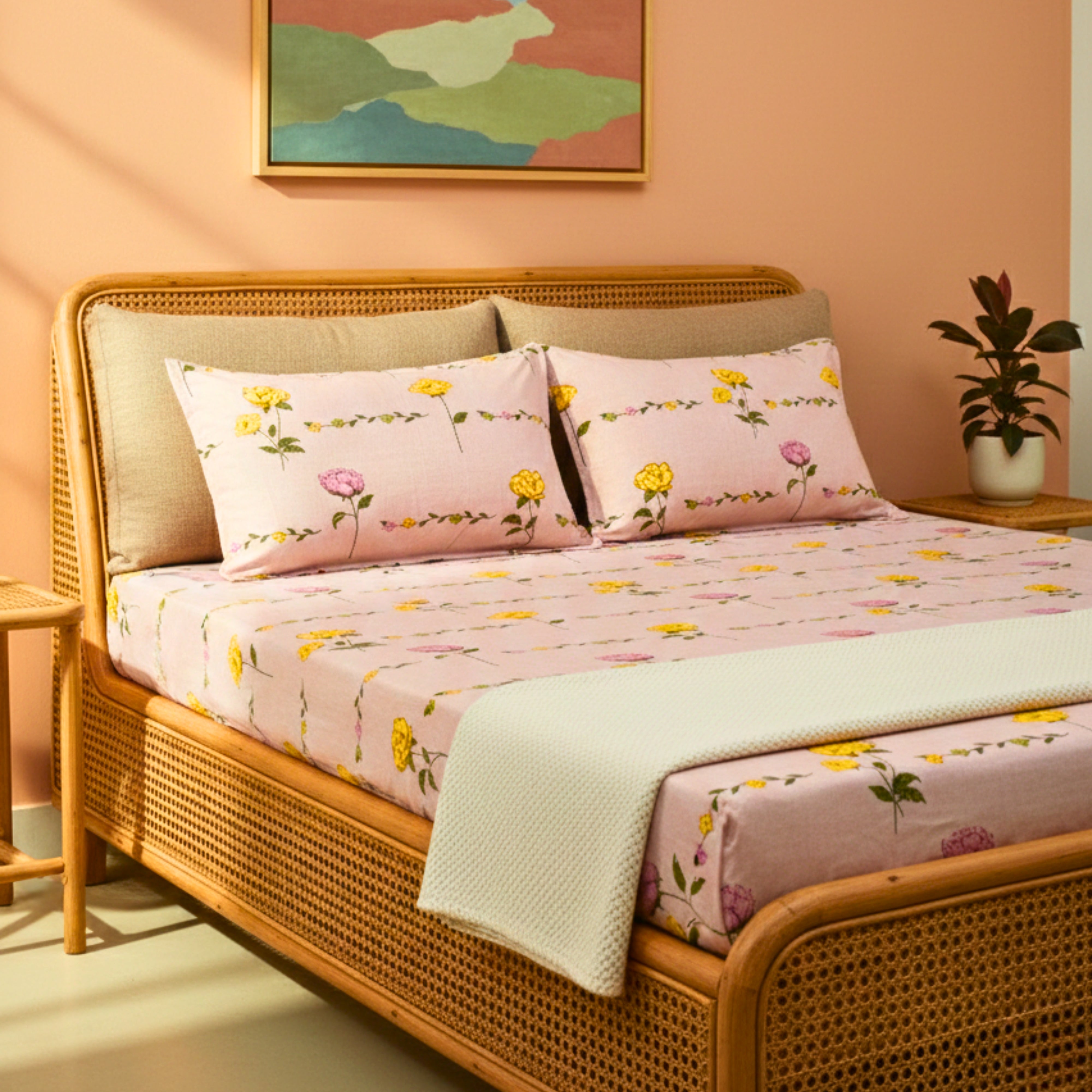 Bedsheet for Double Bed Yellow & Pink Floral Print King Size.