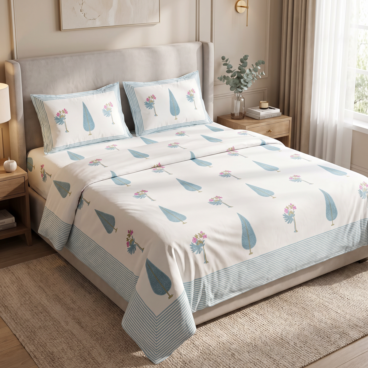 Elegant Blue Floral Printed Cotton Bedsheet Set with Matching Pillow Covers King Size