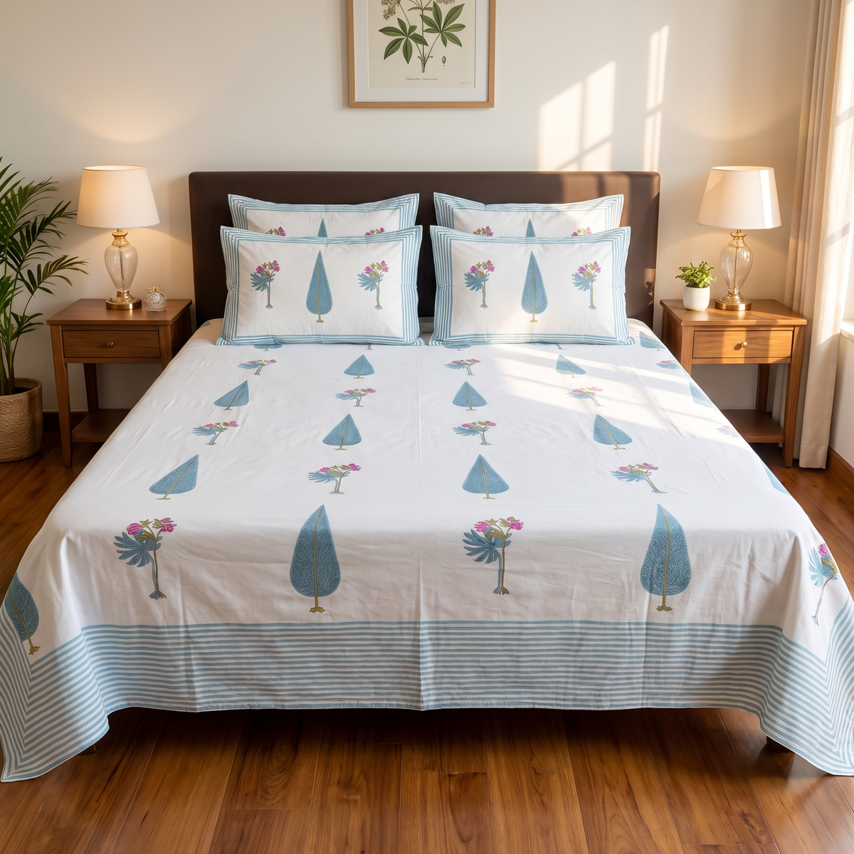 Elegant Blue Floral Printed Cotton Bedsheet Set with Matching Pillow Covers King Size