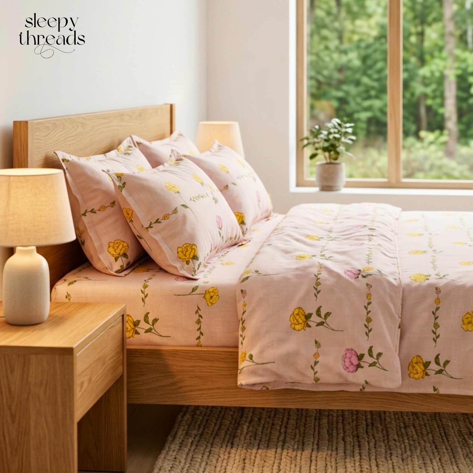 Bedsheet for Double Bed Yellow & Pink Floral Print King Size.
