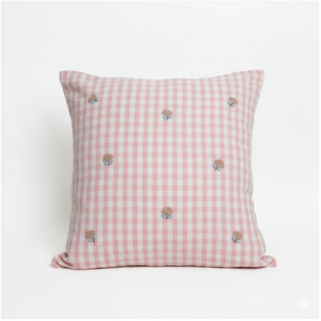 Blush Gingham Floral Embroidered Cushion