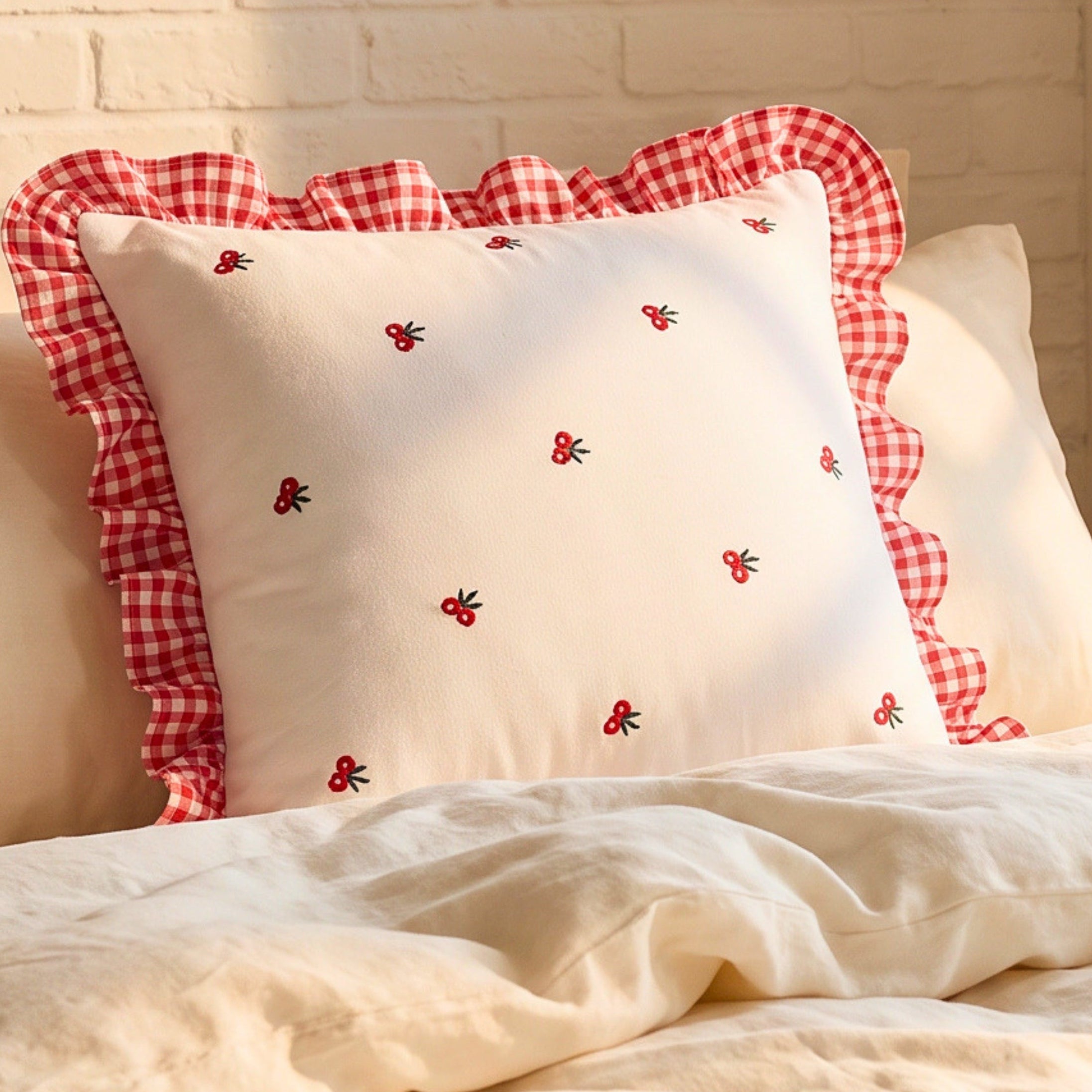 Gingham Ruffle Hand Embroidered Cushion Cover