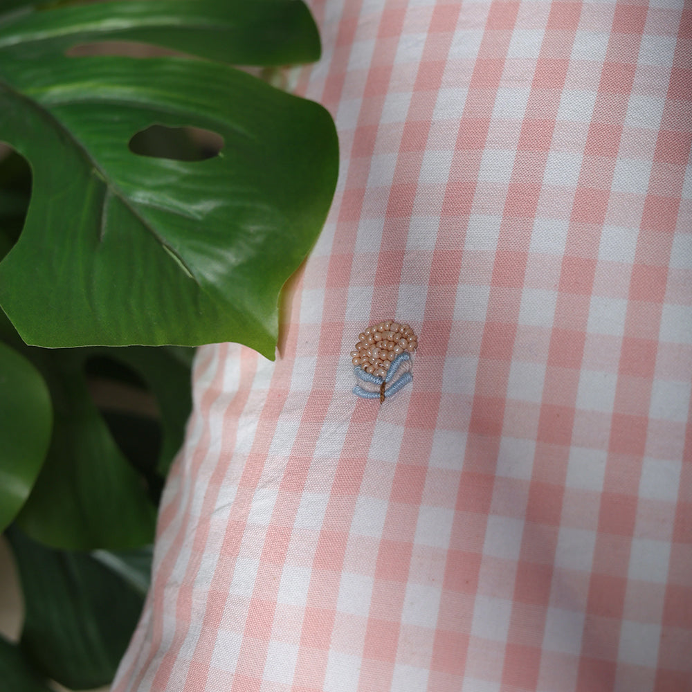 Blush Gingham Floral Embroidered Cushion
