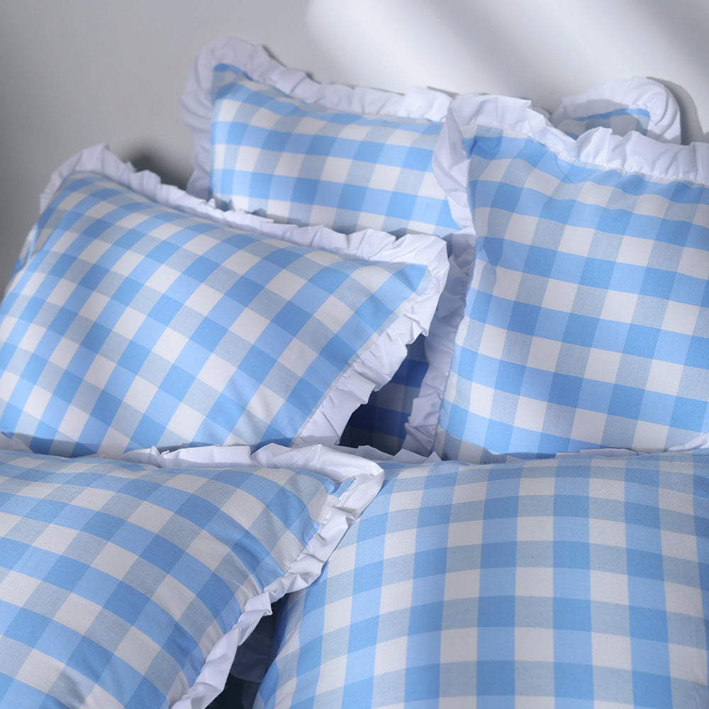 Classic Blue Ghingham Ruffled Cushion Cover