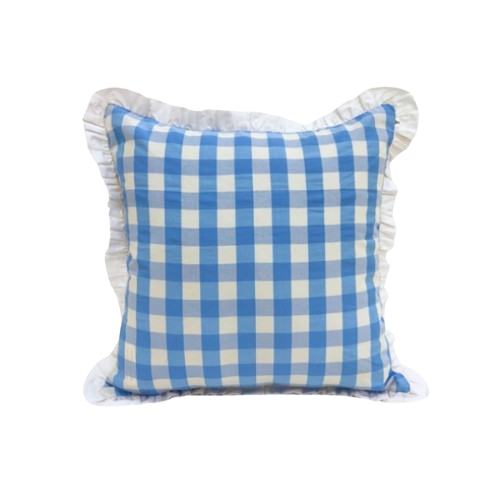 Classic Blue Ghingham Ruffled Cushion Cover