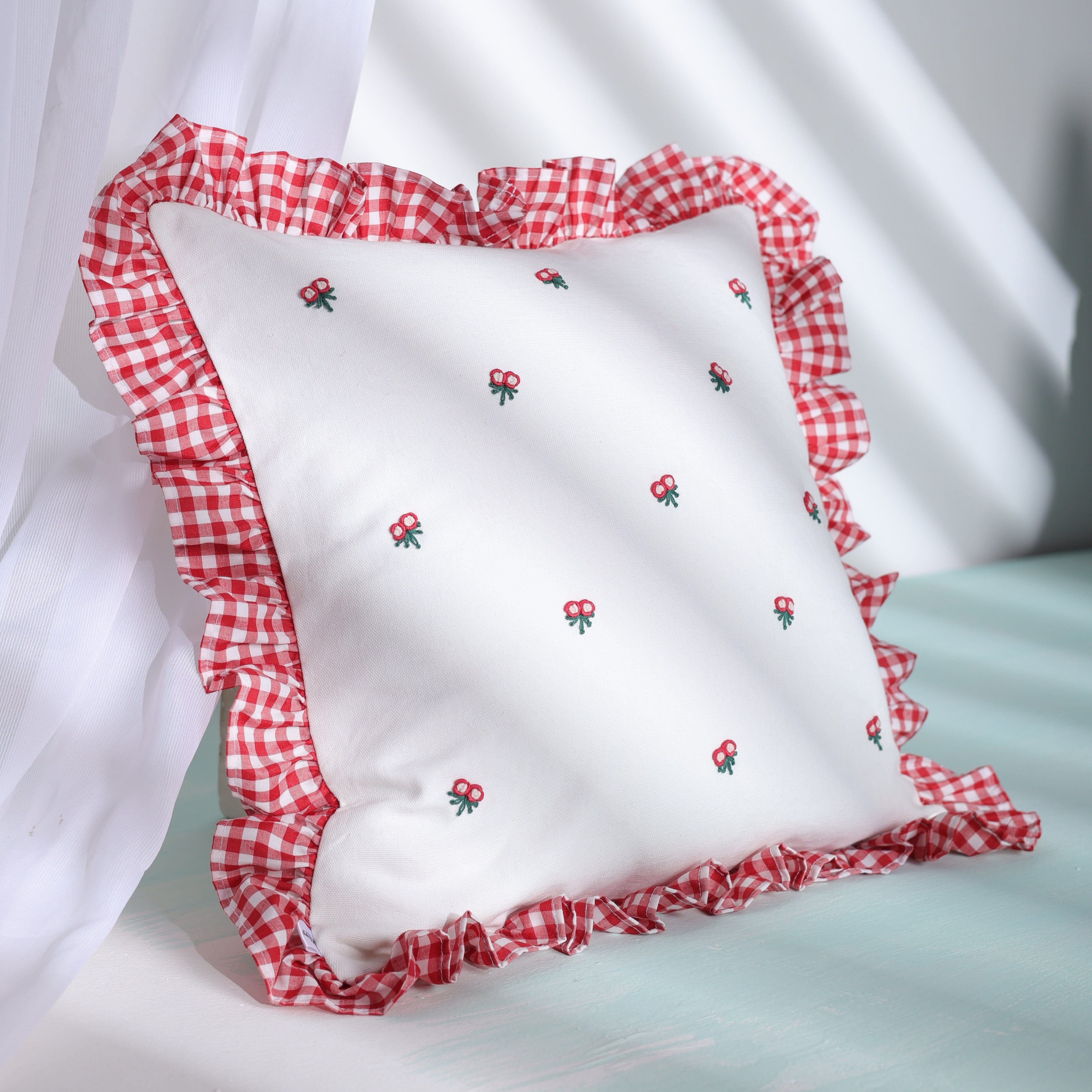Gingham Ruffle Hand Embroidered Cushion Cover
