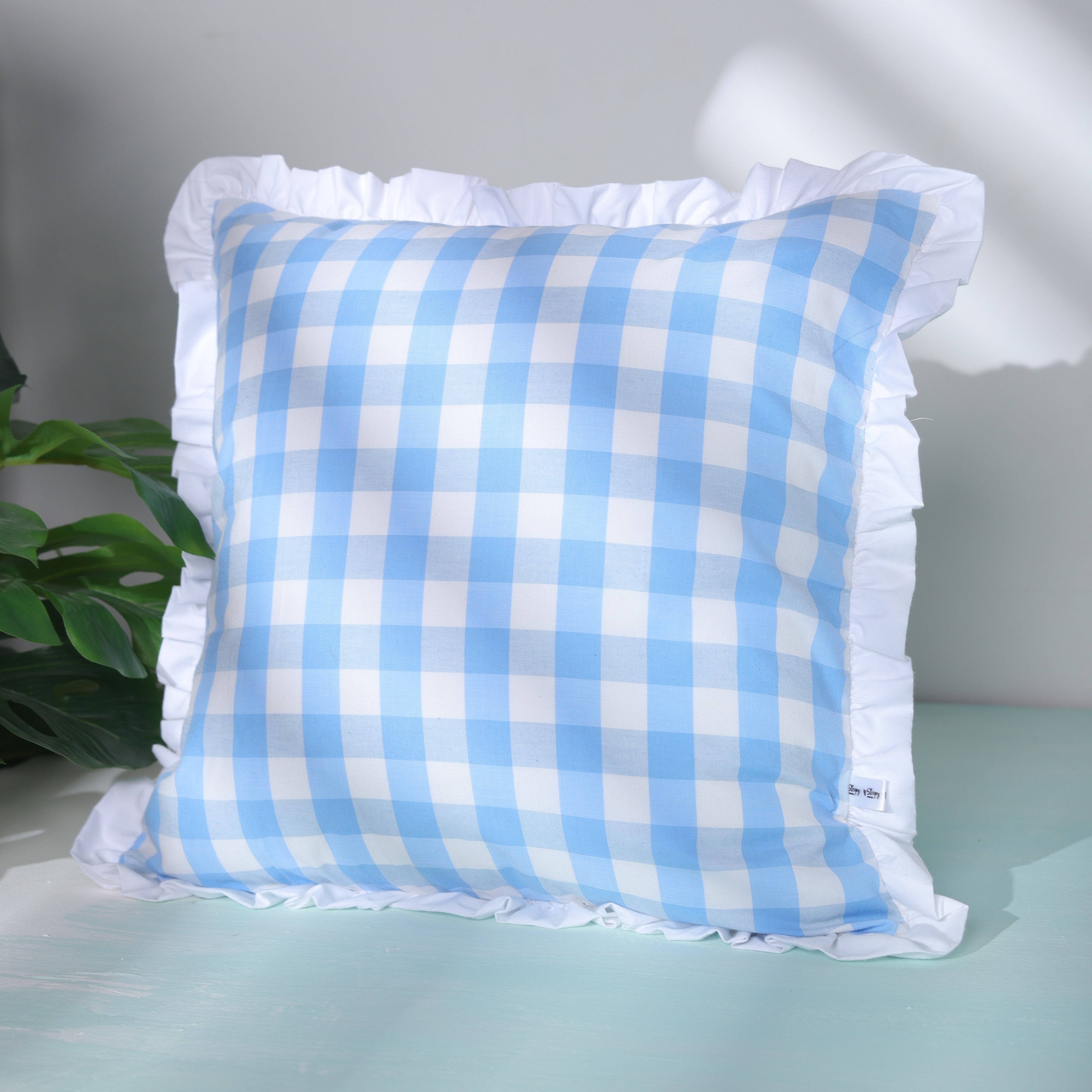 Classic Blue Ghingham Ruffled Cushion Cover