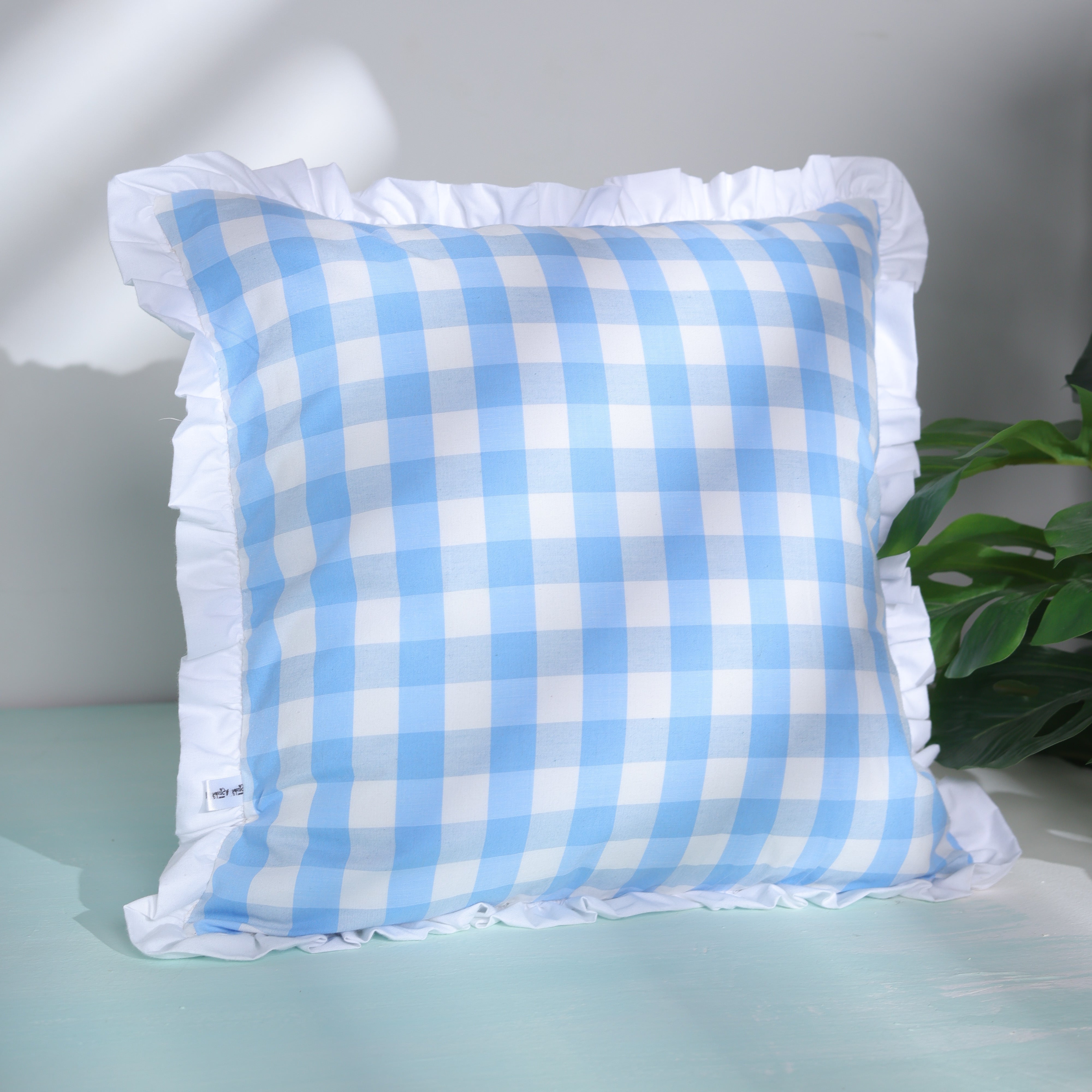Classic Blue Ghingham Ruffled Cushion Cover