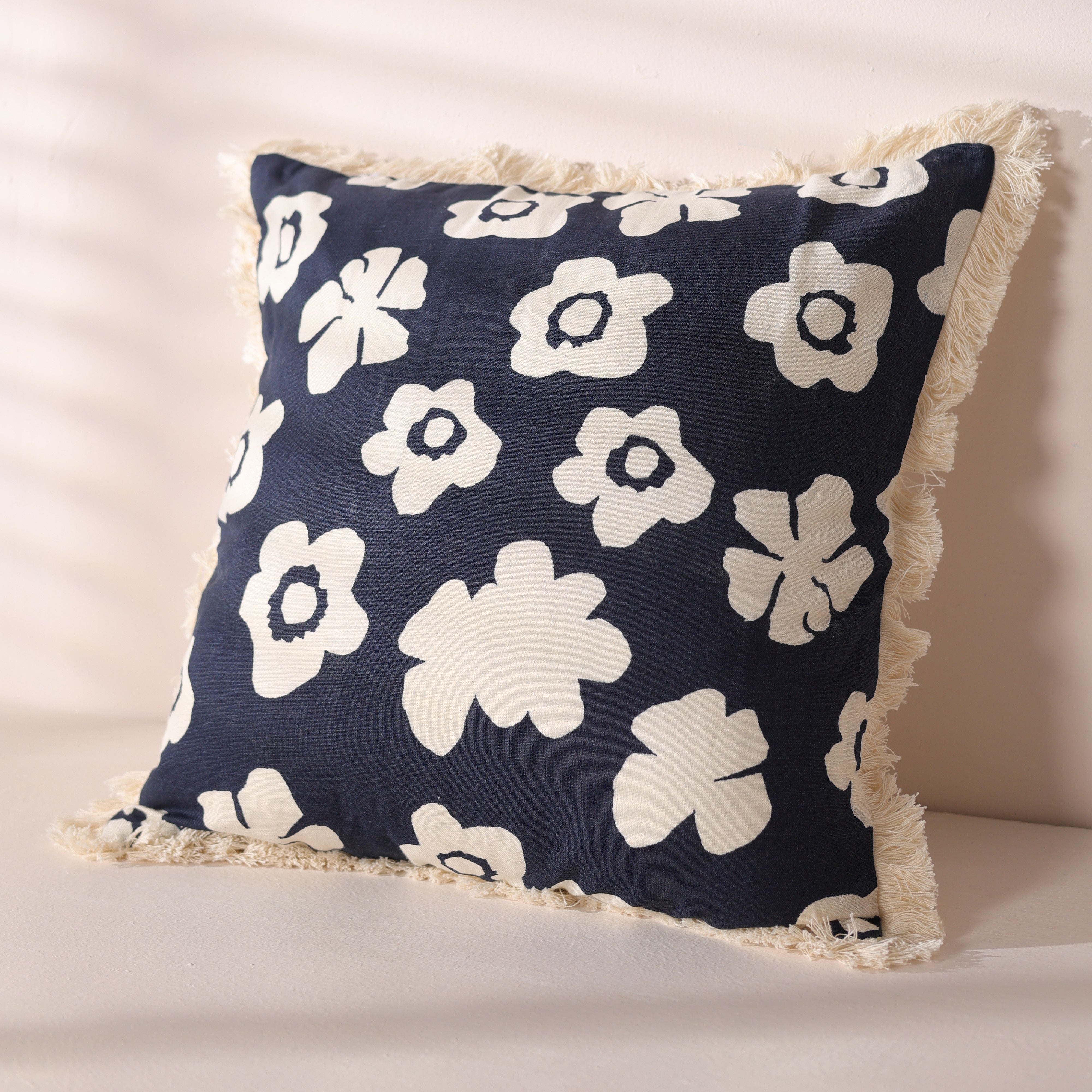 Linen Floral Fringe Cushion Cover