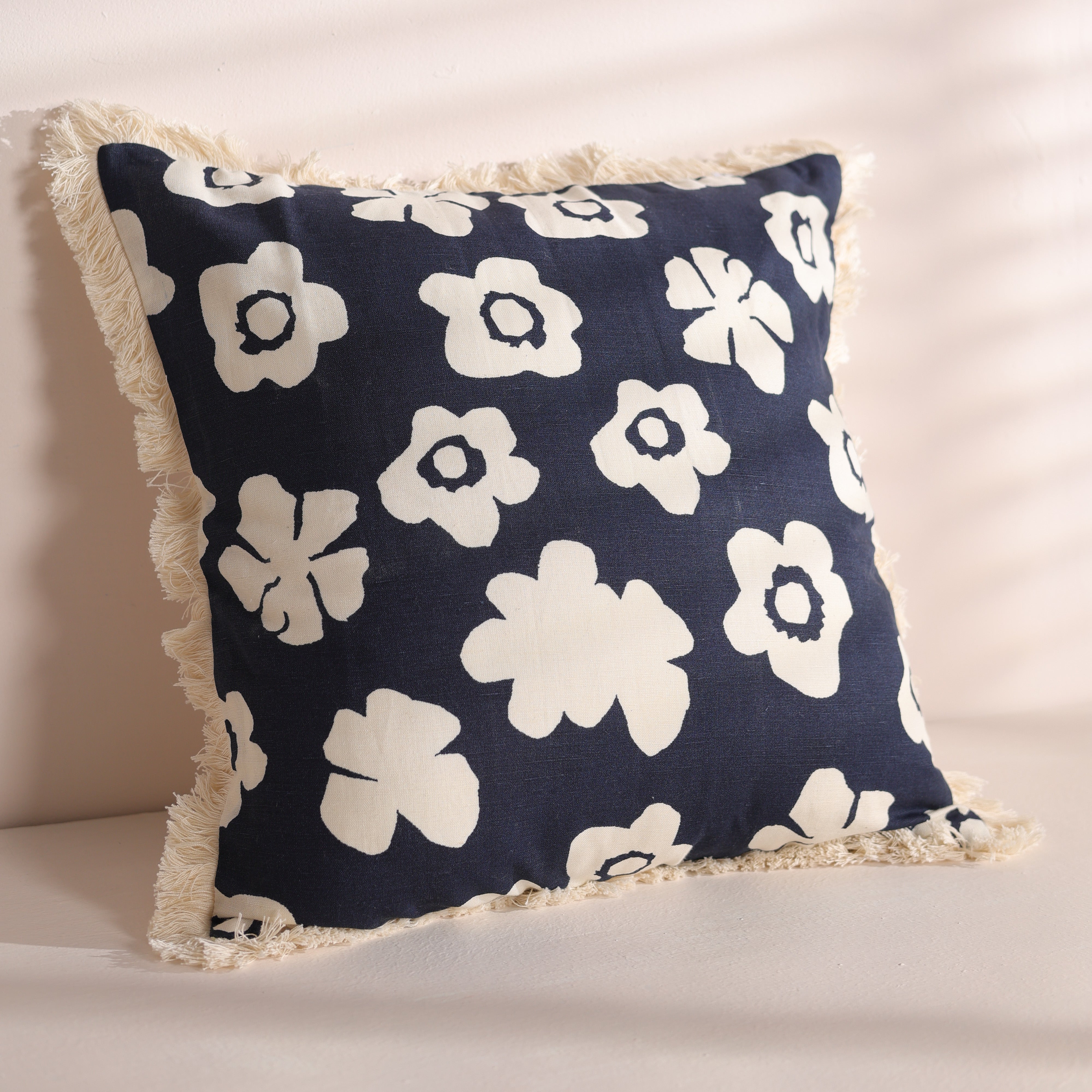 Linen Floral Fringe Cushion Cover