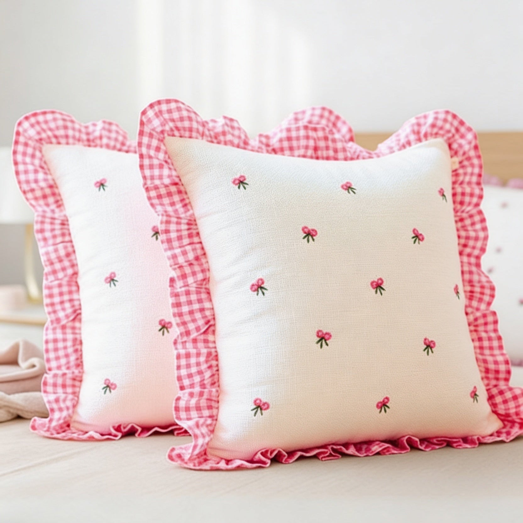 Gingham Ruffle Hand Embroidered Cushion Cover