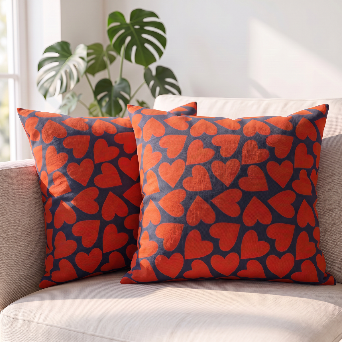Linen Heart Print Cushion Cover
