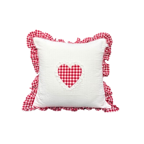 Red Gingham Heart Ruffle Cushion