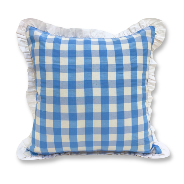 Classic Blue Ghingham Ruffled Cushion Cover