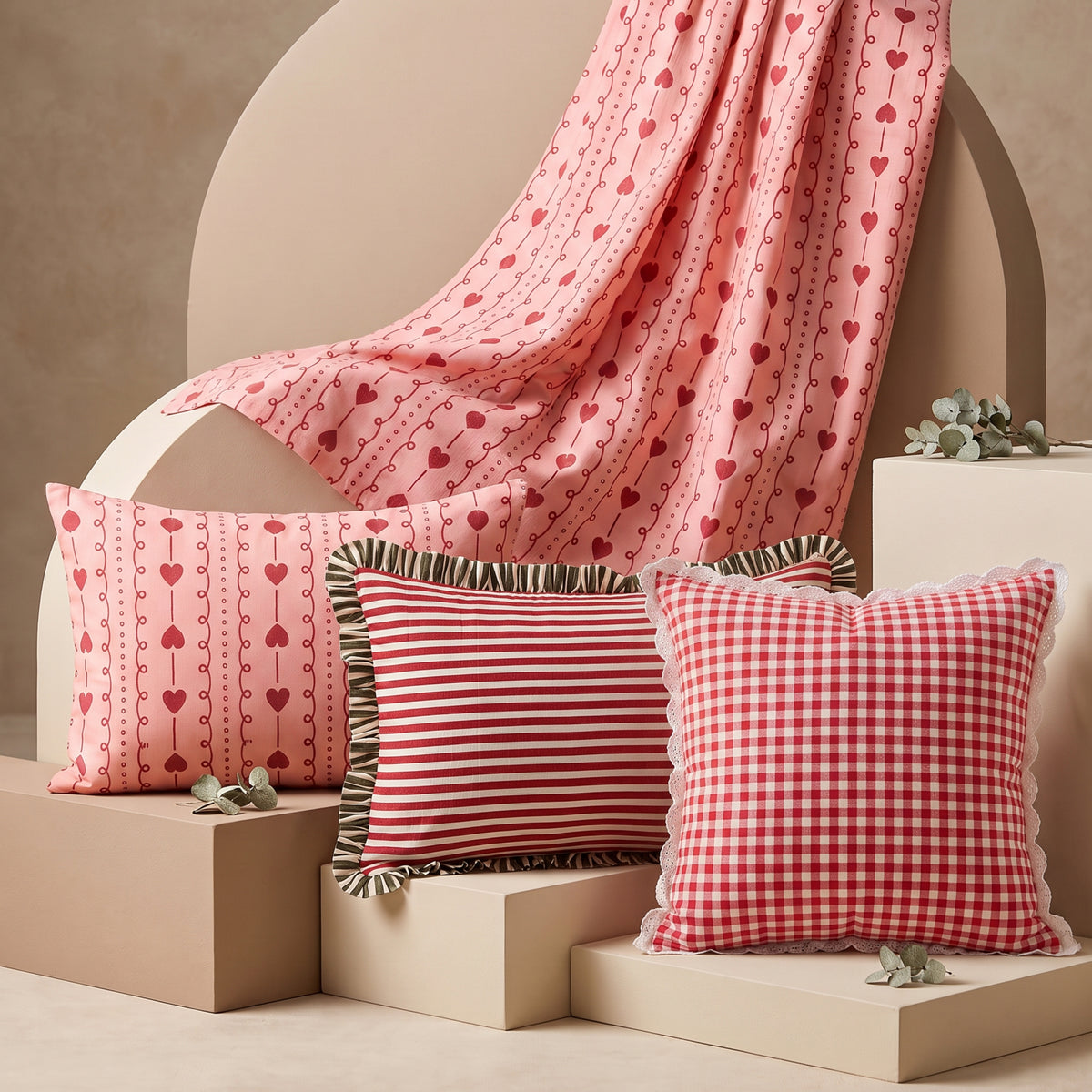 Romantic Red Hearts & Dainty Pink Stripe Pattern Soft, Breathable Screen Printed Flat Sheet King Size