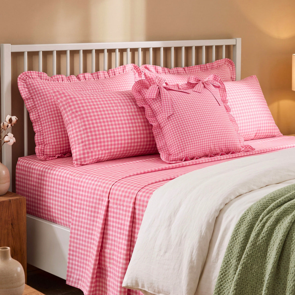 Bedsheet for Double Bed, Pink & White Gingham Checkered Queen Size