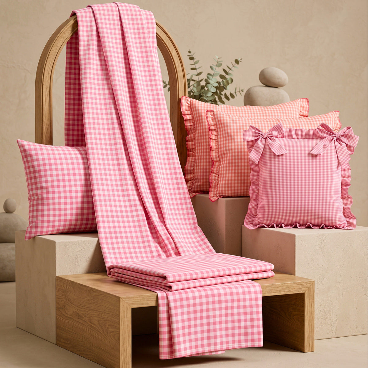 Bedsheet for Double Bed, Pink & White Gingham Checkered Queen Size