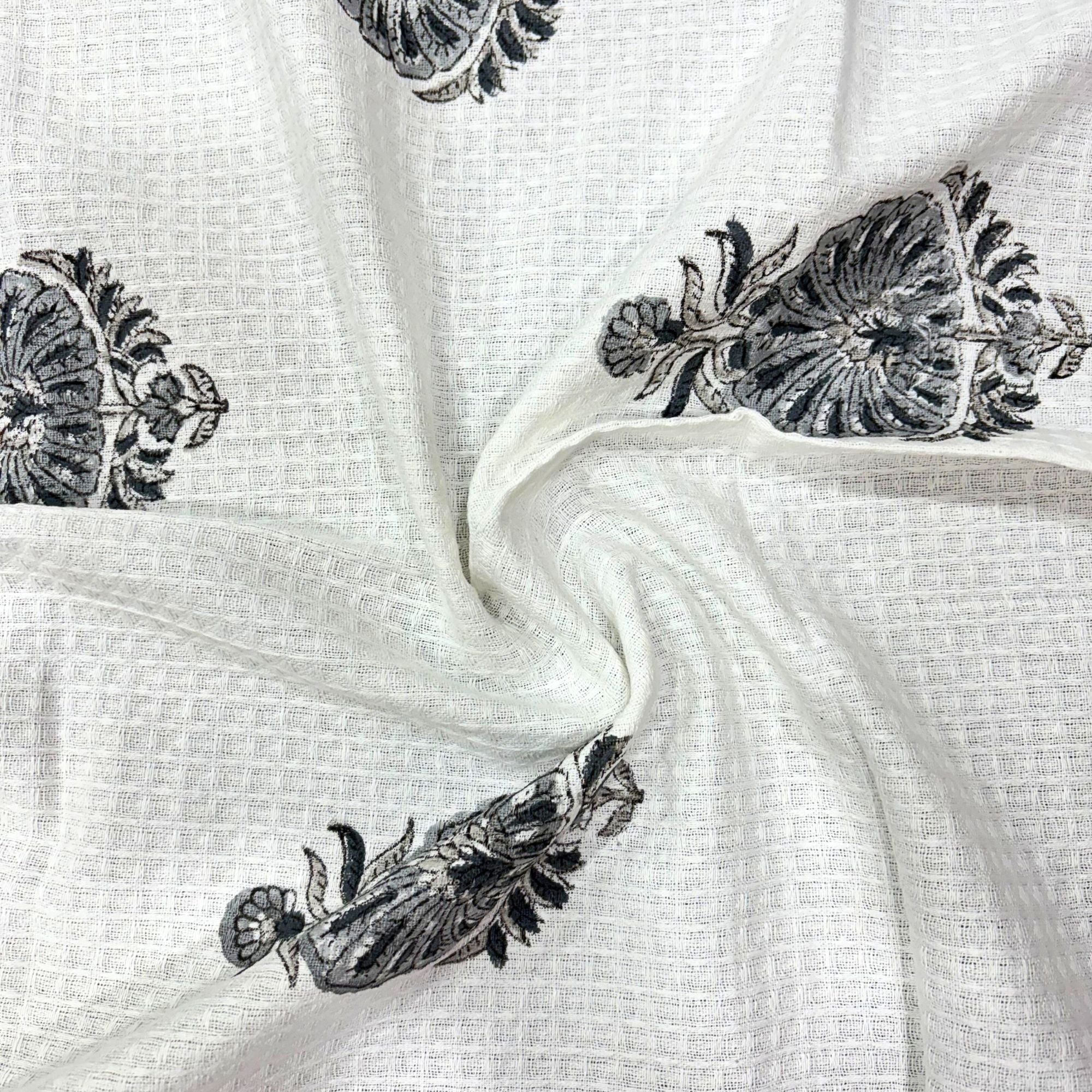 Waffle Weave Cotton Bath Towel | Hand Block Printed Indigo Blue Floral Motif | Super Absorbent, Soft & Quick Dry Bath