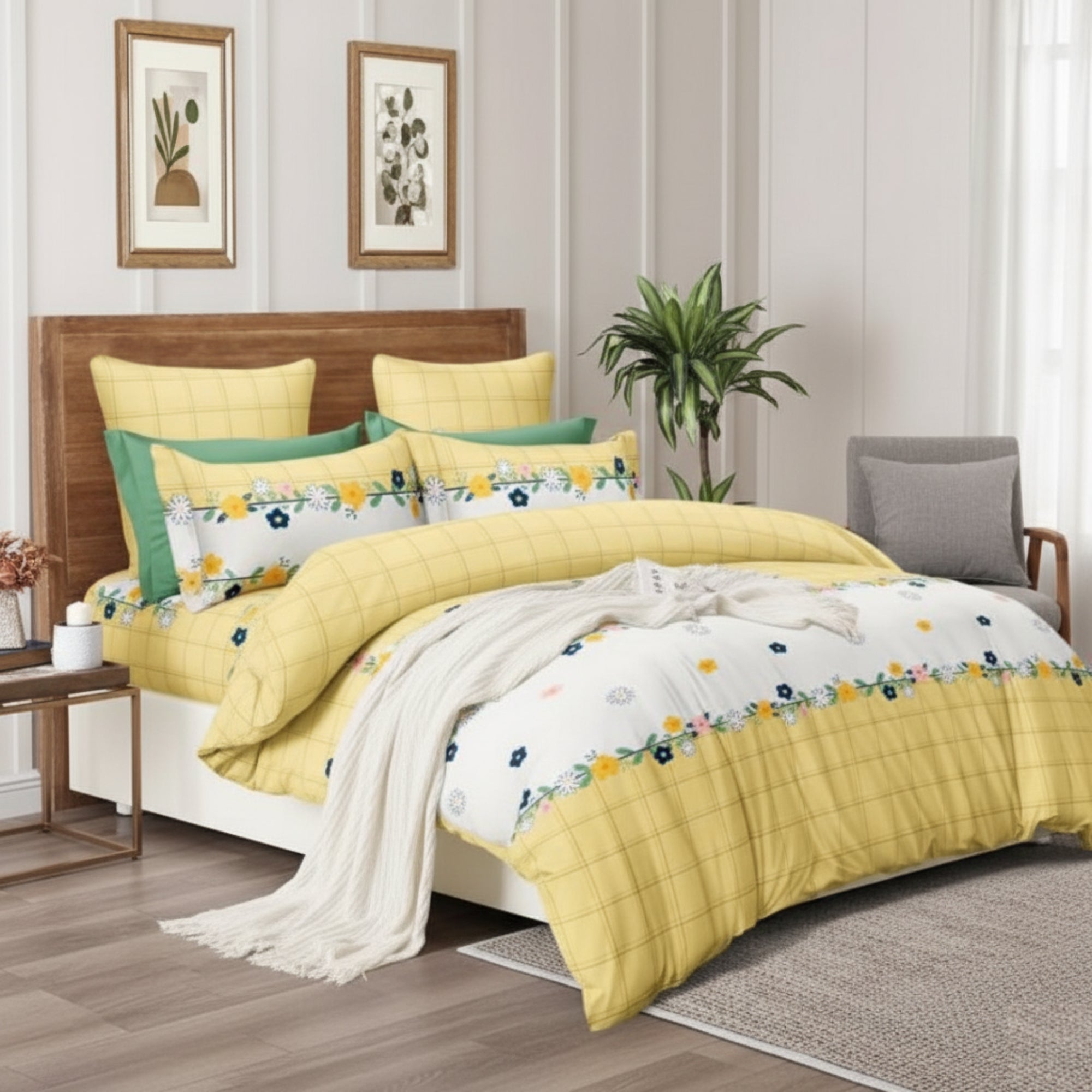 Bedsheet for Double Bed Yellow Checkered with Floral Border.