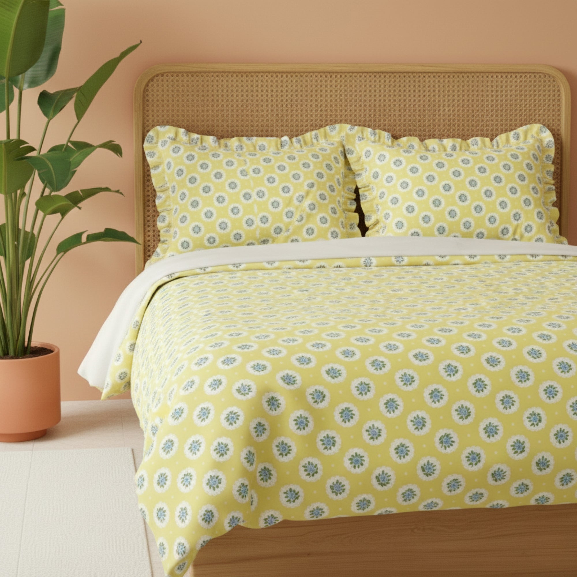 Vibrant Sunshine Yellow Floral Medallion Pattern – Soft, Breathable Screen Printed Flat Sheet