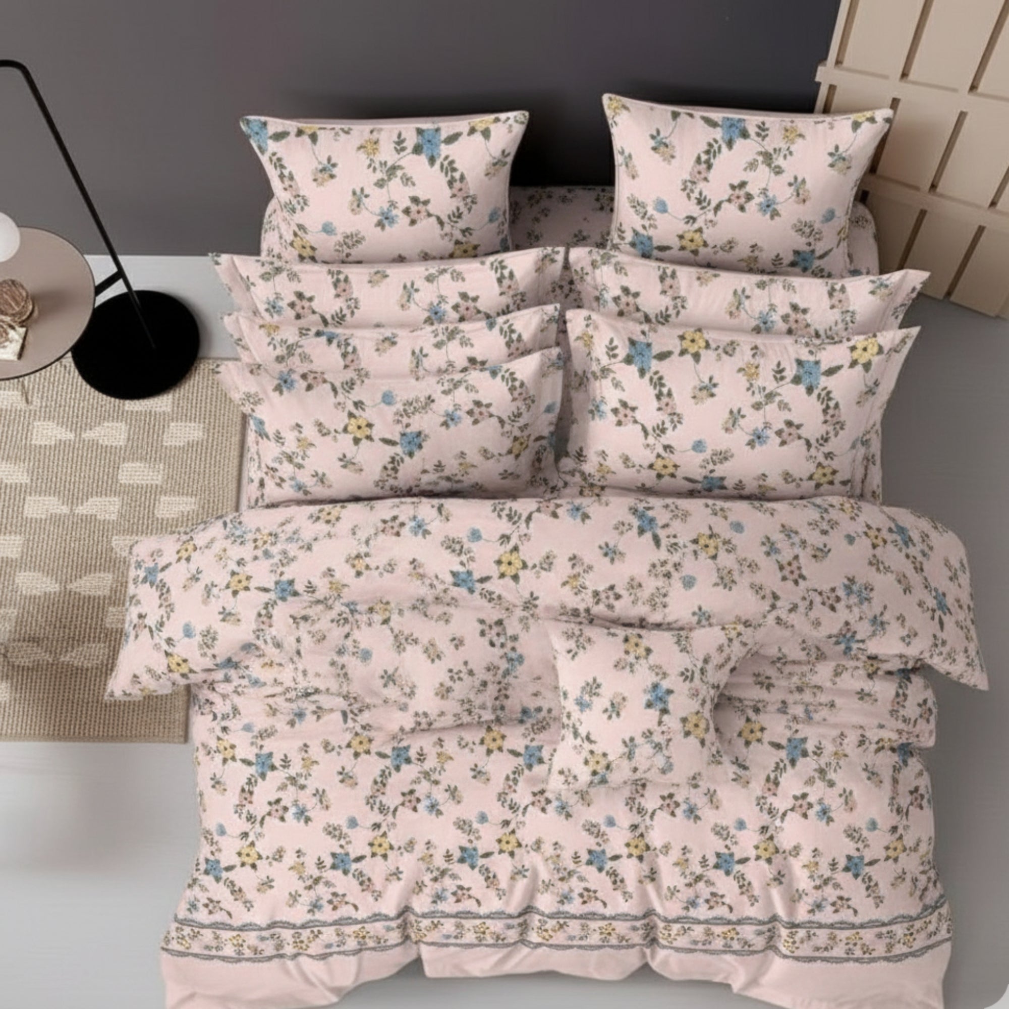 Cotton Double Bedsheet Peach Bedsheet with Yellow & Blue Floral Print – Soft & Breathable Queen Size Yellow & Blue Floral)