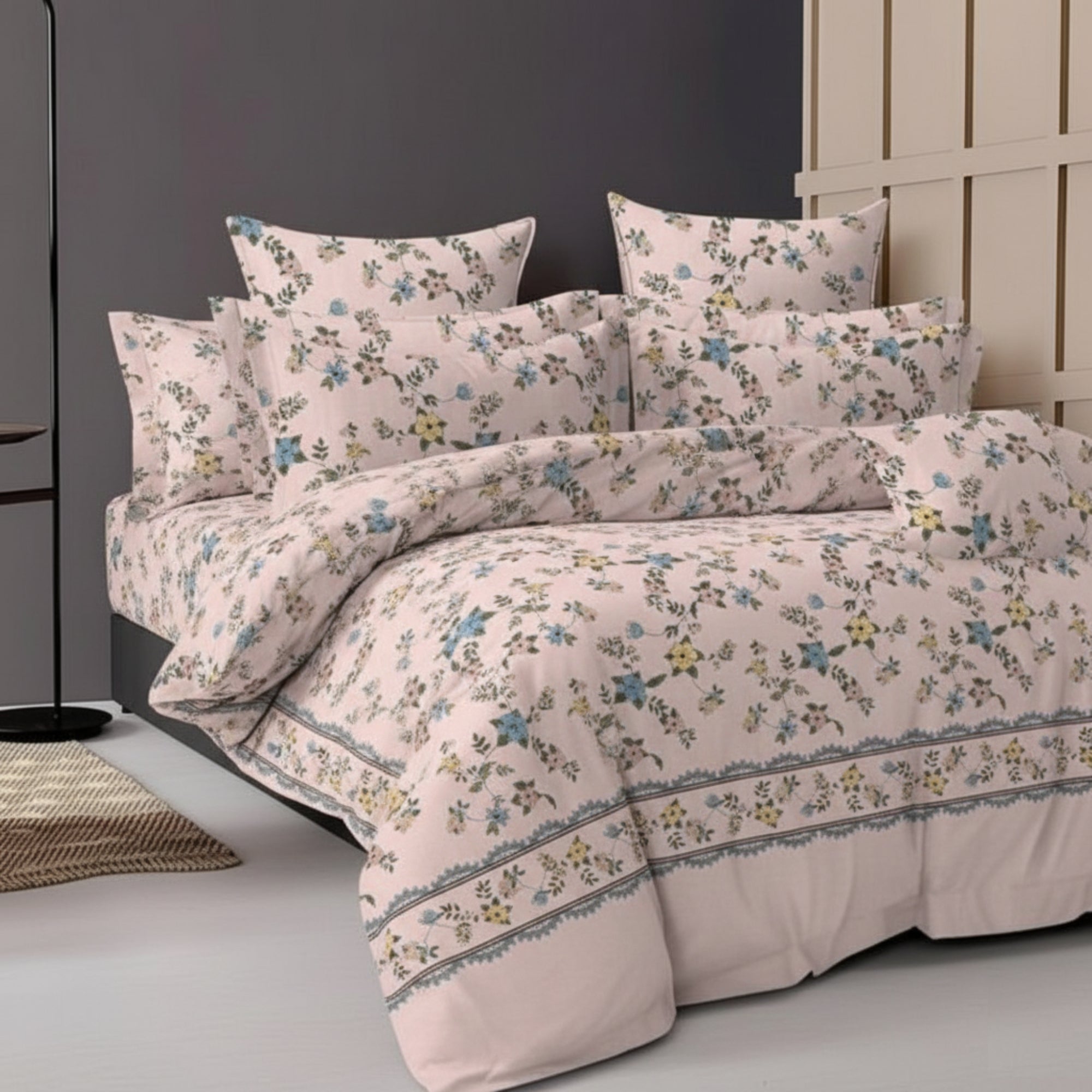 Cotton Double Bedsheet Peach Bedsheet with Yellow & Blue Floral Print – Soft & Breathable Queen Size Yellow & Blue Floral)