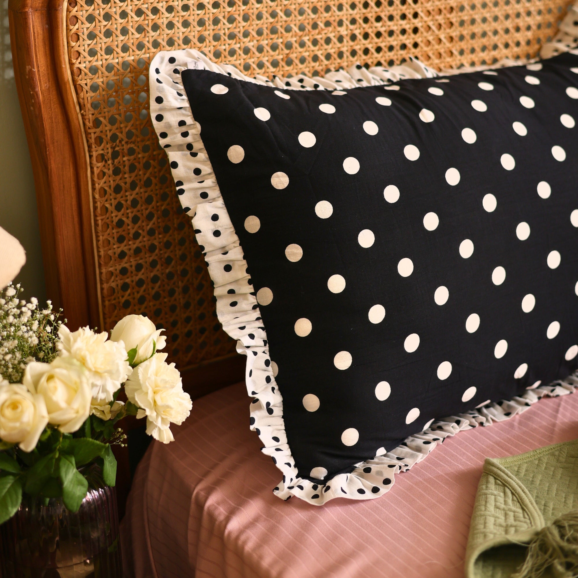 Retro Black & White Polka Dot Pillow Cover with Ruffled Edges