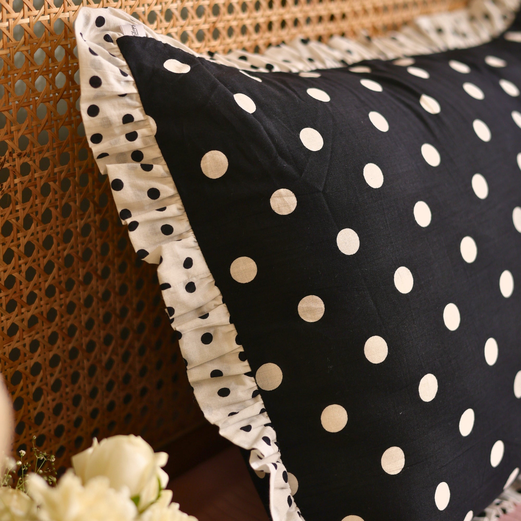 Retro Black & White Polka Dot Pillow Cover with Ruffled Edges