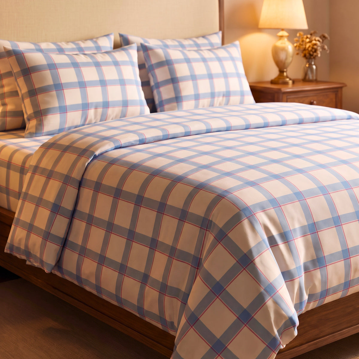 Vintage Blue Stripes 280 TC Cotton Bedsheet  With Duvet Cover and 4 Pillow Covers