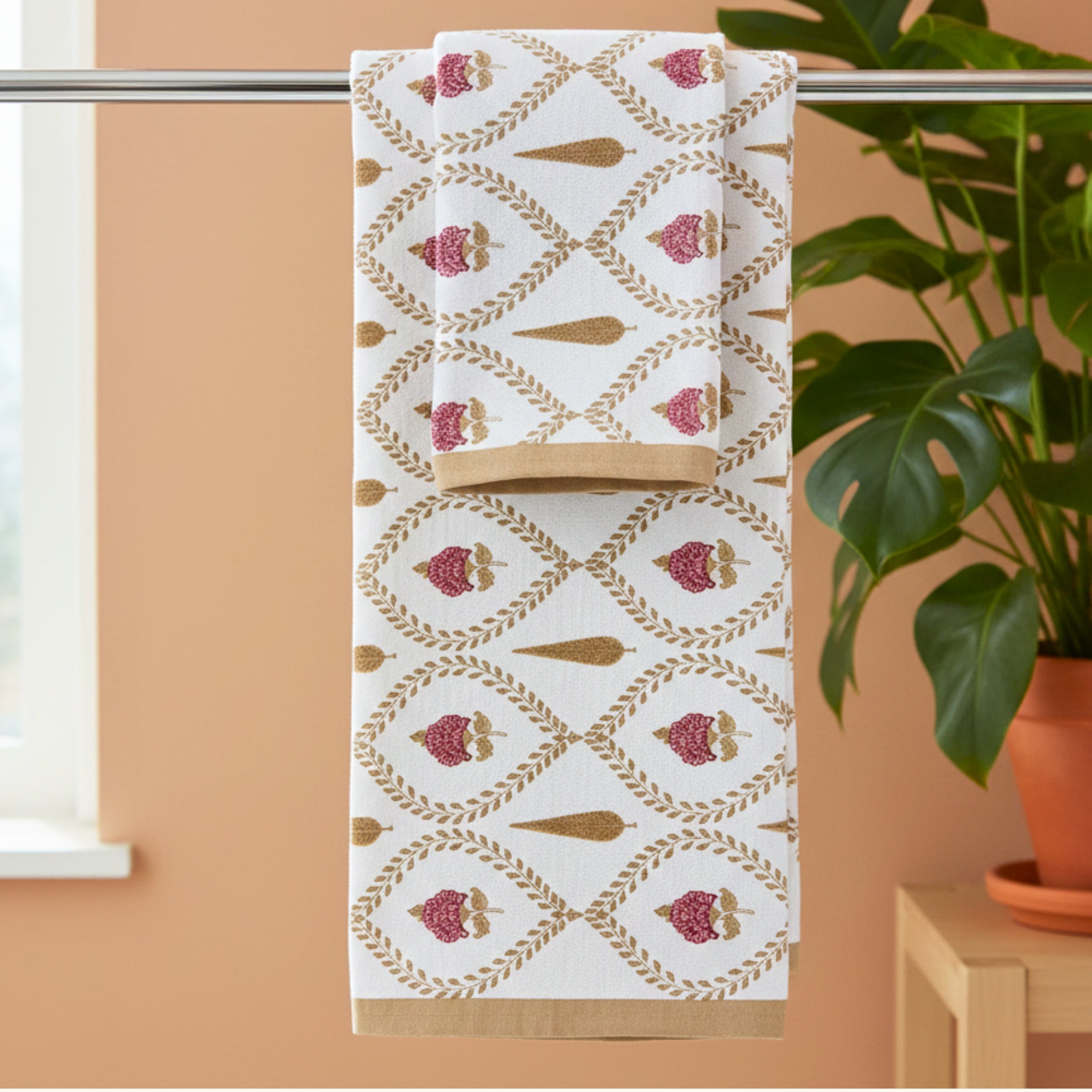 Waffle Weave Towel Set | Screen Print Coral Floral & Gold Lattice | Super Absorbent Bath Towel 60x30 + 2 Hand Towels