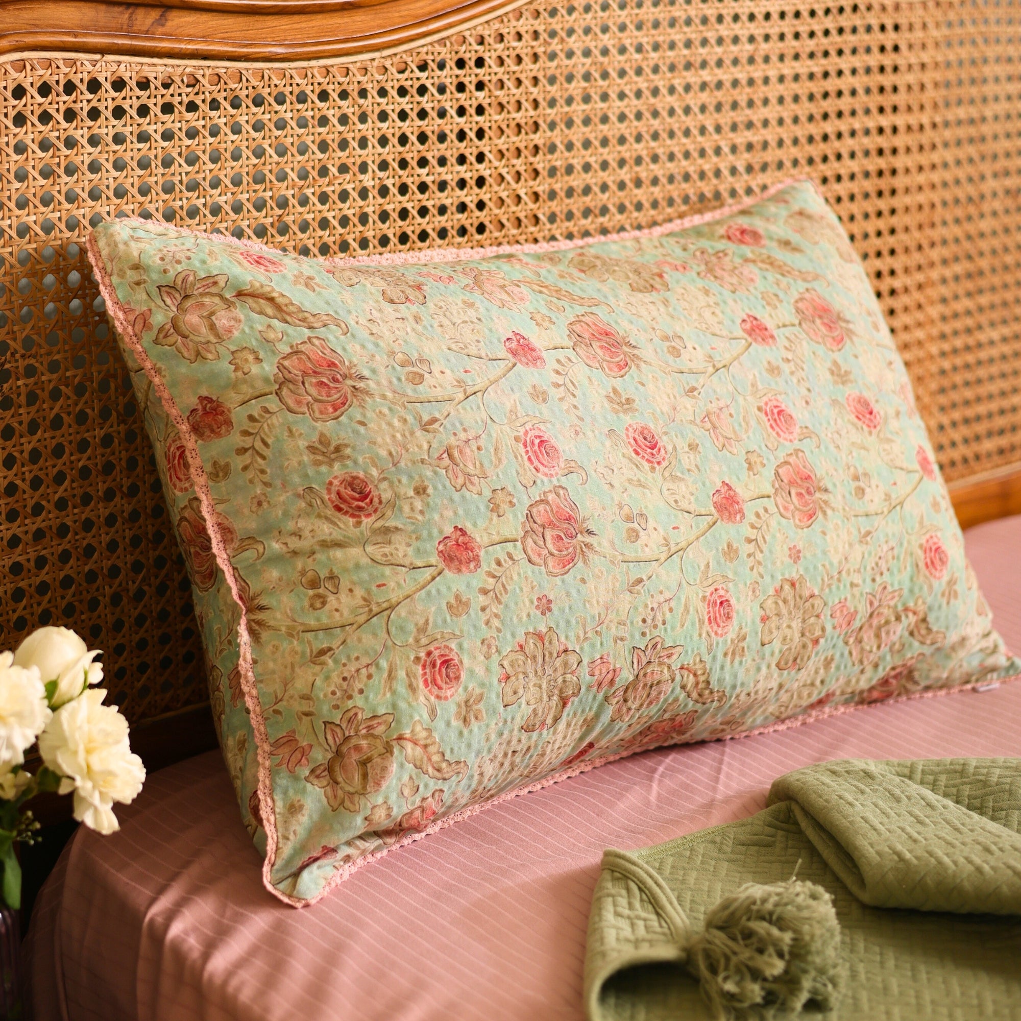Vintage Rose Floral Pillow Cover in Soft Pastel Green with Lace insert