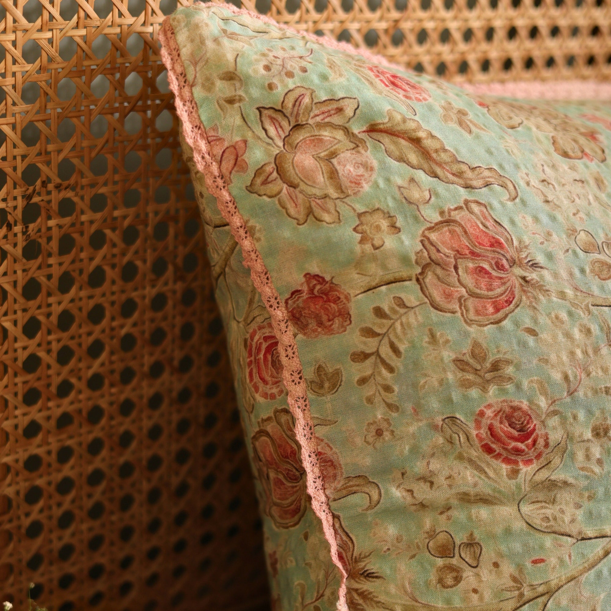 Vintage Rose Floral Pillow Cover in Soft Pastel Green with Lace insert