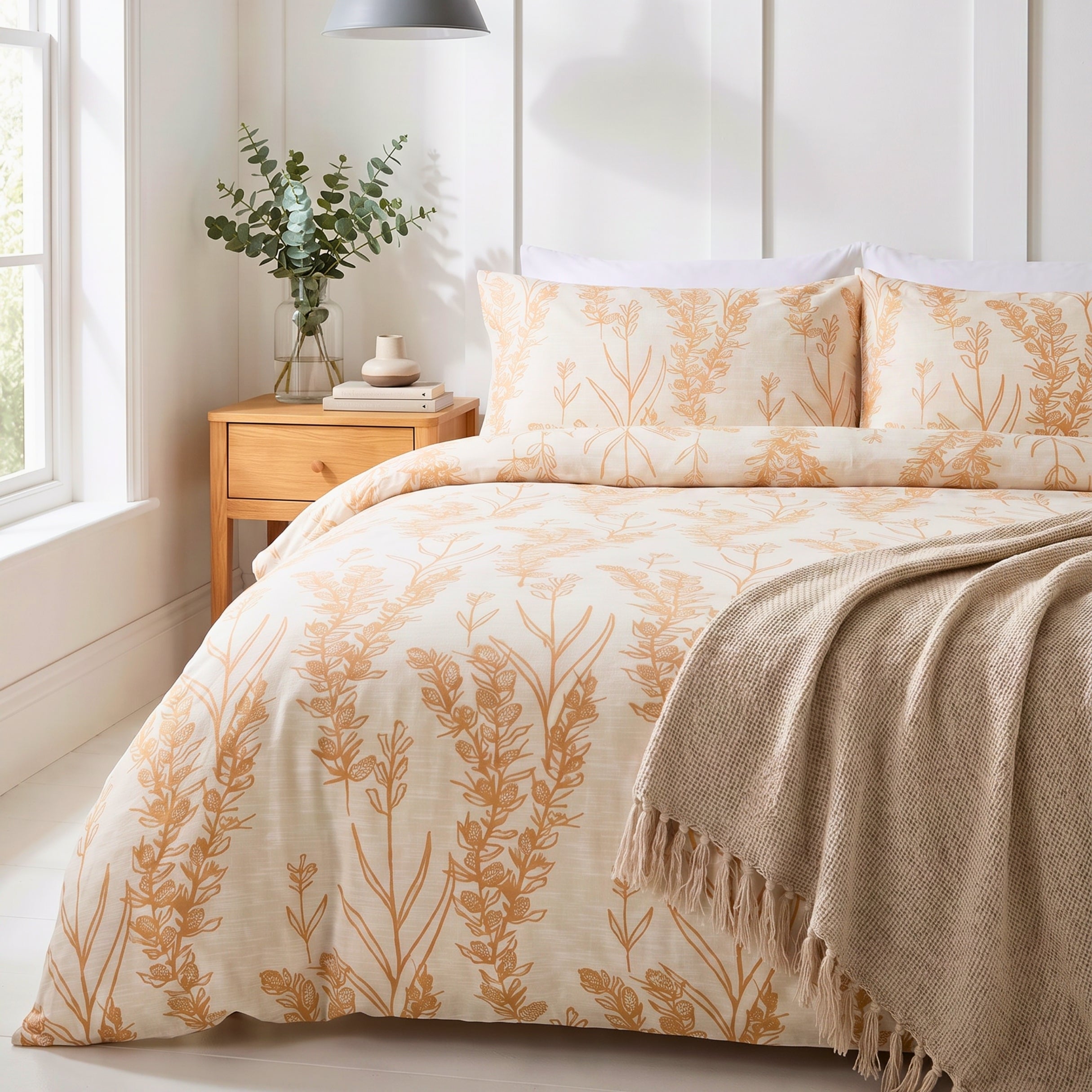 Bedsheet Light Beige Bedsheet with Golden Brown Leaf Print – Soft & Breathable Double BedSheet King Size King Size