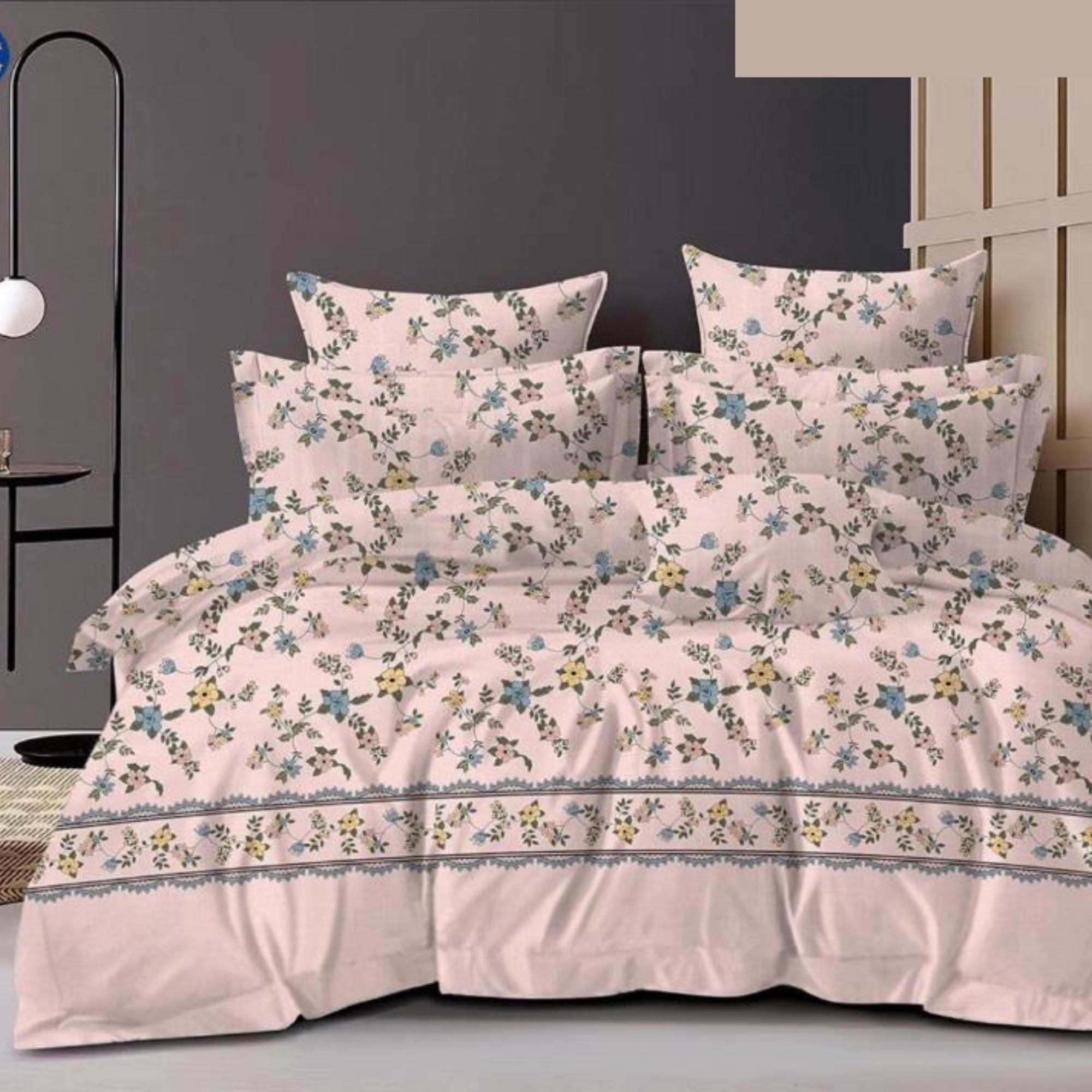 Cotton Double Bedsheet Peach Bedsheet with Yellow & Blue Floral Print – Soft & Breathable Queen Size Yellow & Blue Floral)