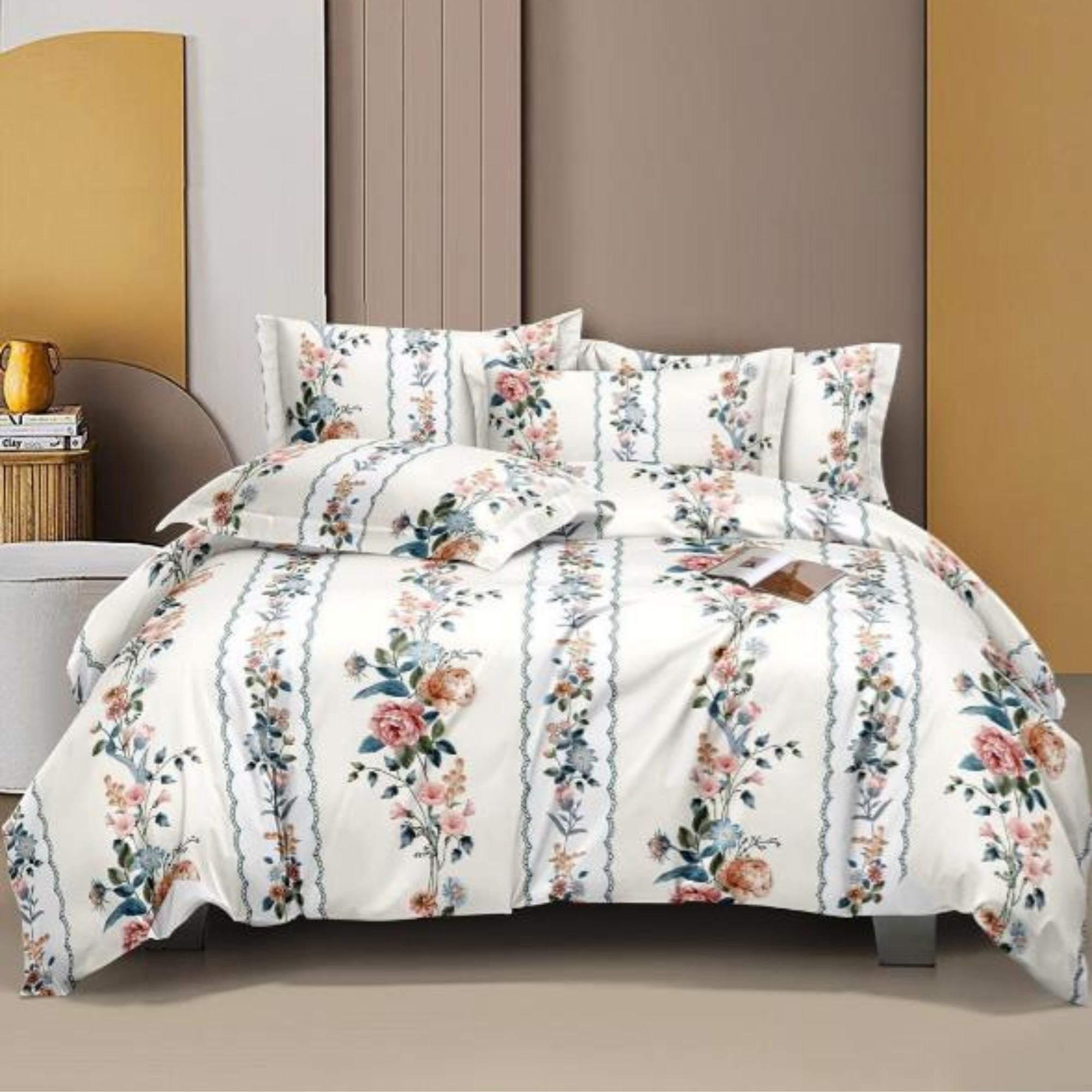 Bedsheet for Double Bed Queen Size White with Multicolor Floral Stripes