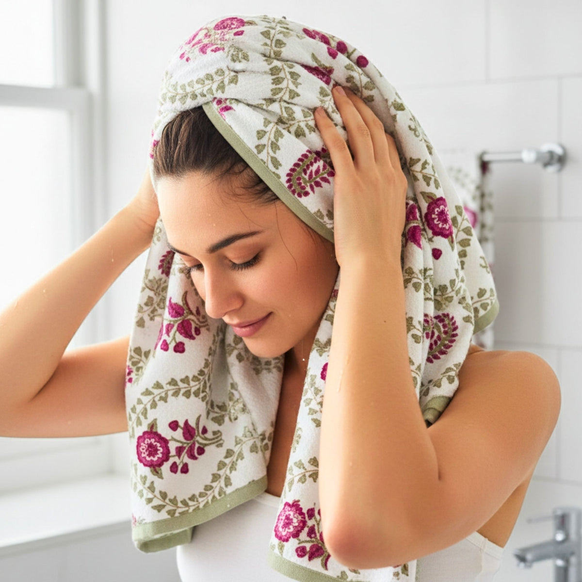 Waffle Weave Towel Set | Screen Print  Hot Pink & Green Floral | Super Absorbent Bath Towel 2 Hand Towels