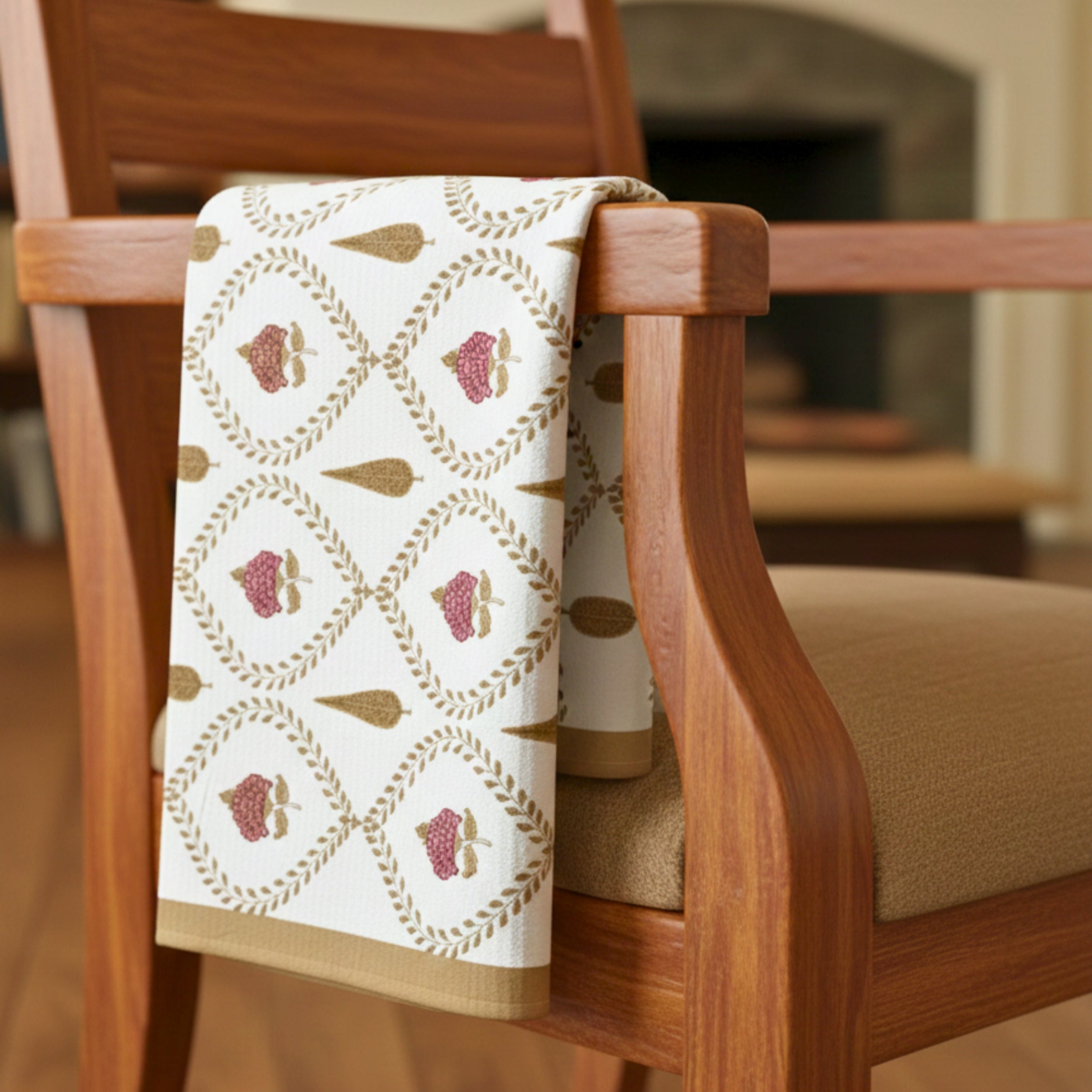 Waffle Weave Towel Set | Screen Print Coral Floral & Gold Lattice | Super Absorbent Bath Towel 60x30 + 2 Hand Towels