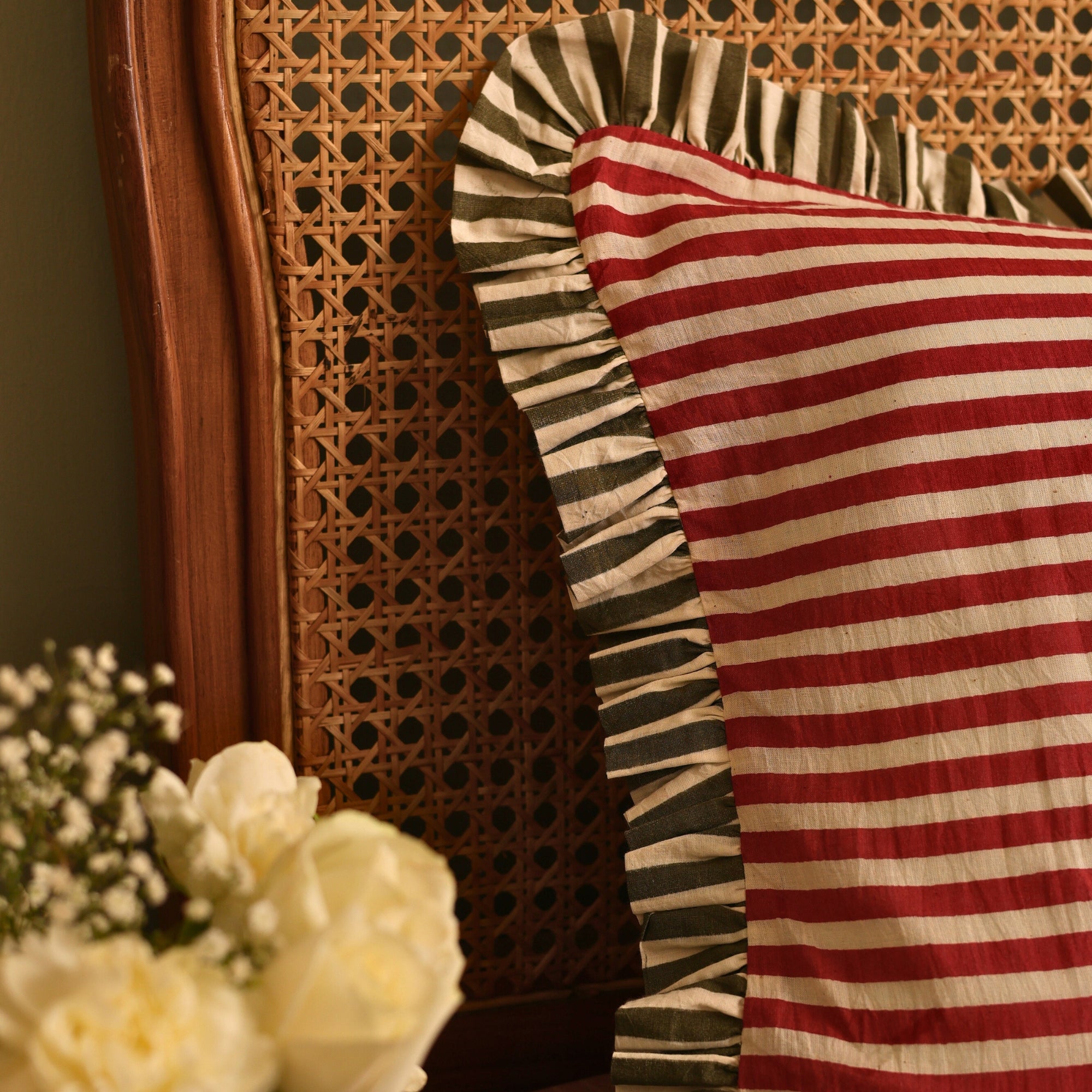 Block Printed striped ruffled pillow cover