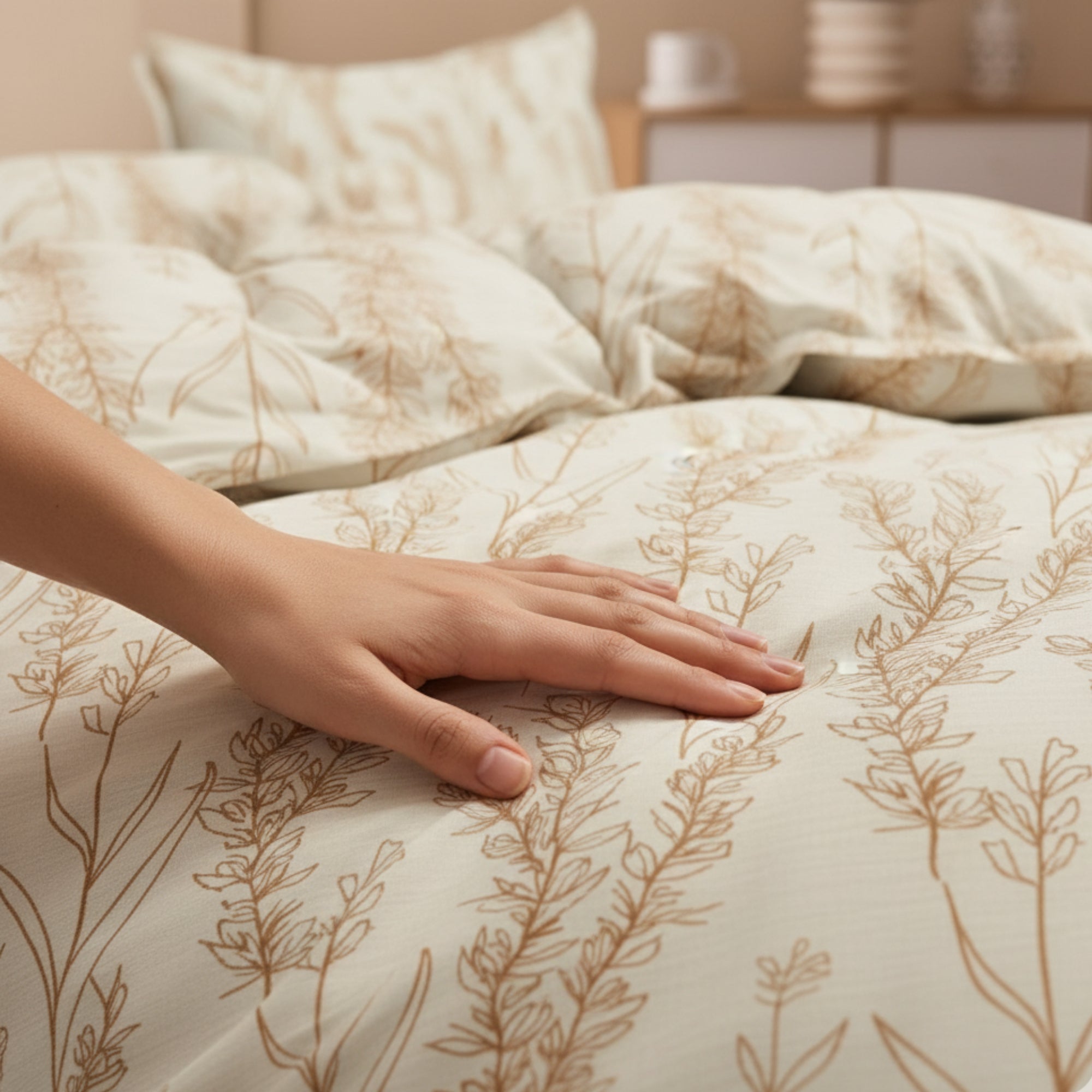 Cotton King Size Bedsheet Light Beige Bedsheet with Golden Brown Leaf Print – Soft & Breathable Double BedSheet