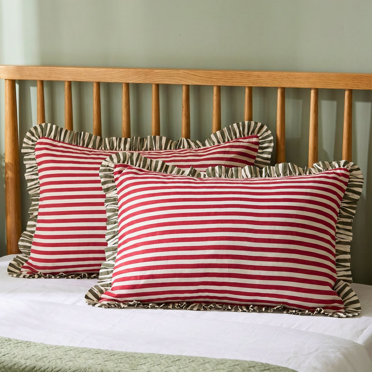 Block Printed striped ruffled pillow cover